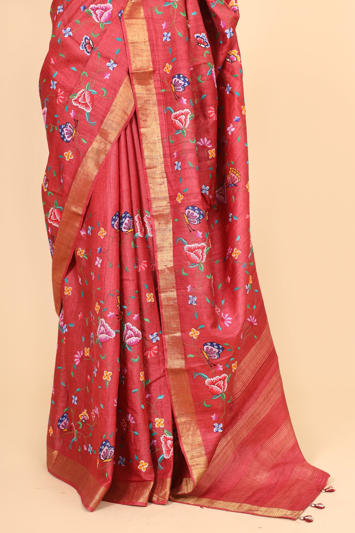 Red Tusser Silk Saree With Cross Stitch Petit Point Embroidery
