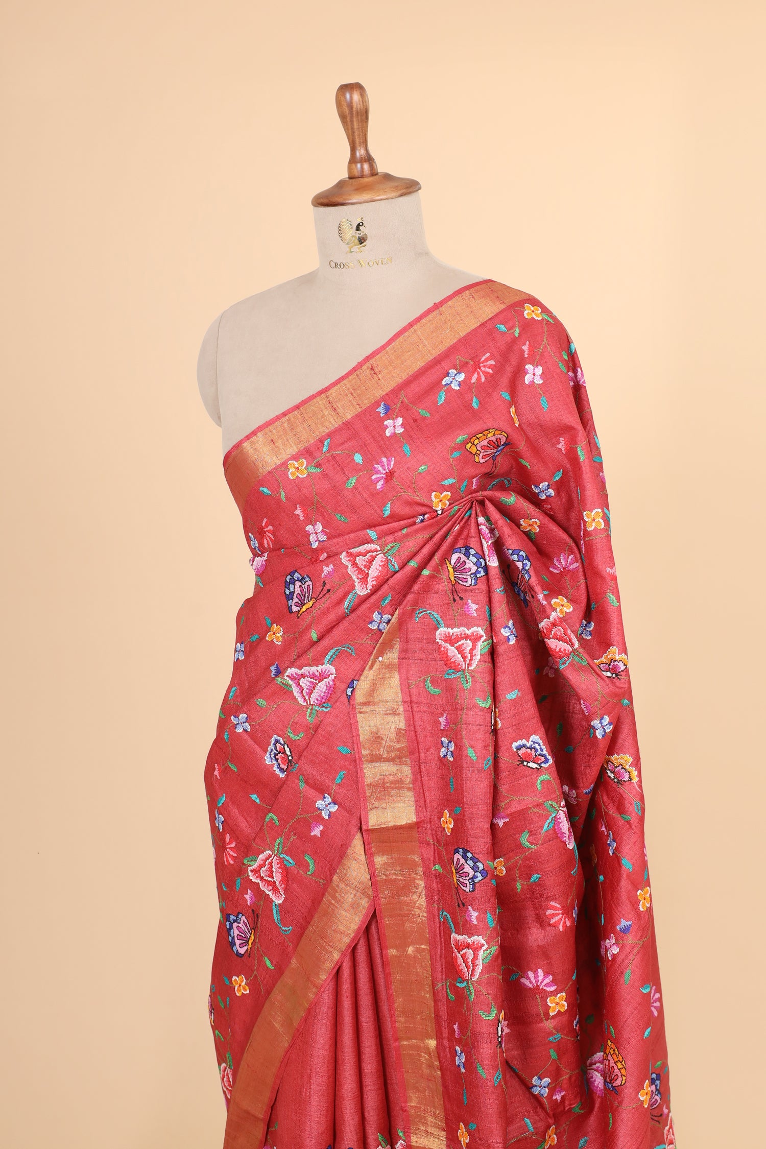 Red Tusser Silk Saree With Cross Stitch Petit Point Embroidery