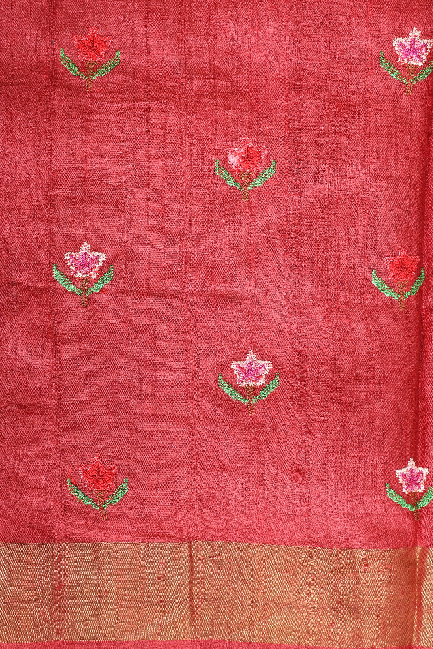 Red Tusser Silk Saree With Cross Stitch Petit Point Embroidery