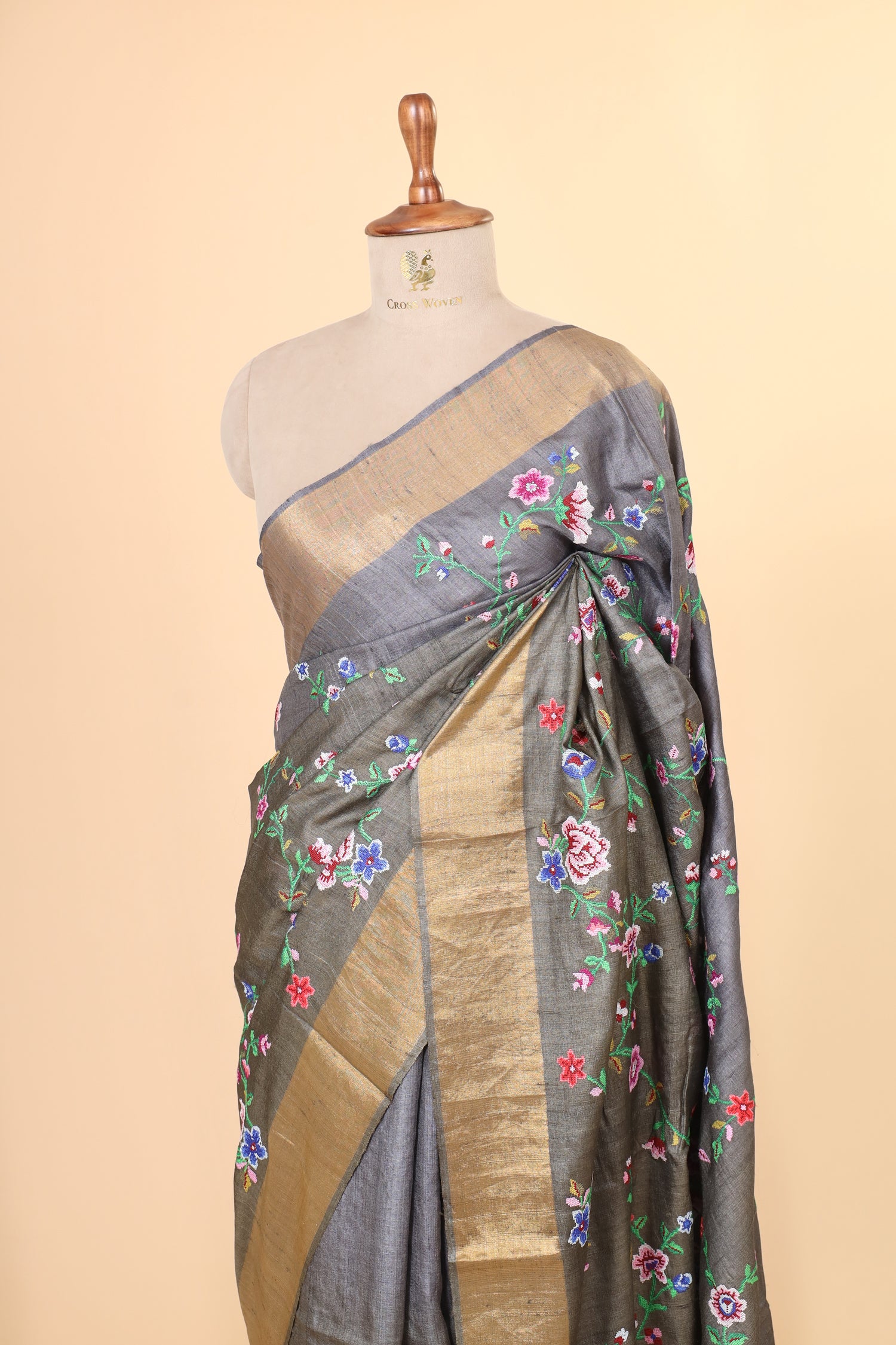 Grey Tusser Silk Saree With Cross Stitch Petit Point Embroidery