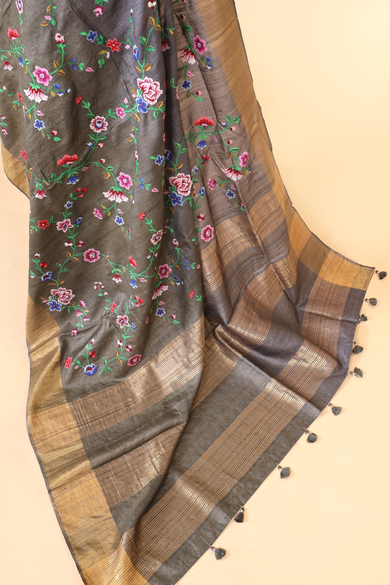 Grey Tusser Silk Saree With Cross Stitch Petit Point Embroidery