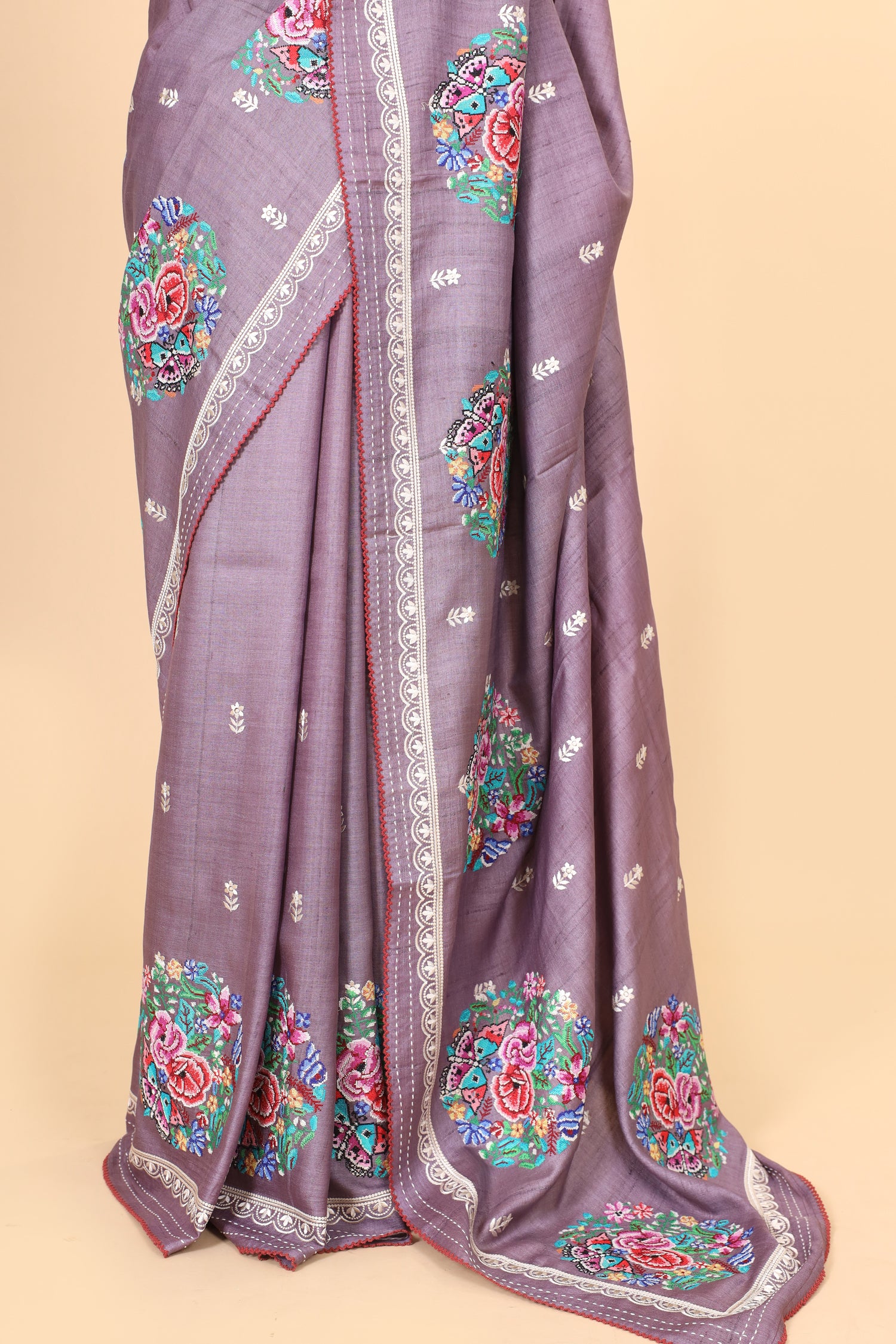 Dusty Lavender Tusser Silk Saree With Cross Stitch Petit Point Embroidery