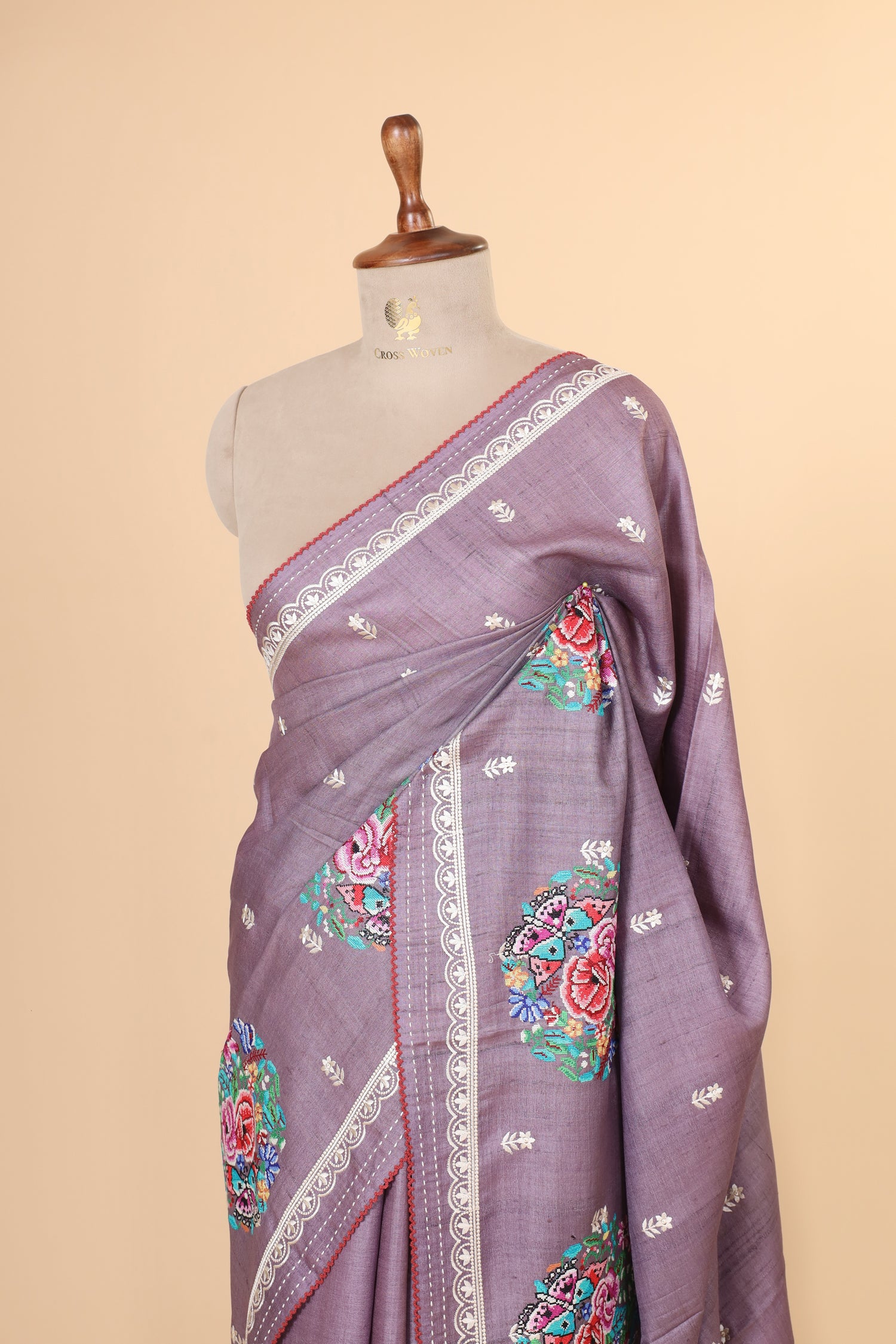 Dusty Lavender Tusser Silk Saree With Cross Stitch Petit Point Embroidery