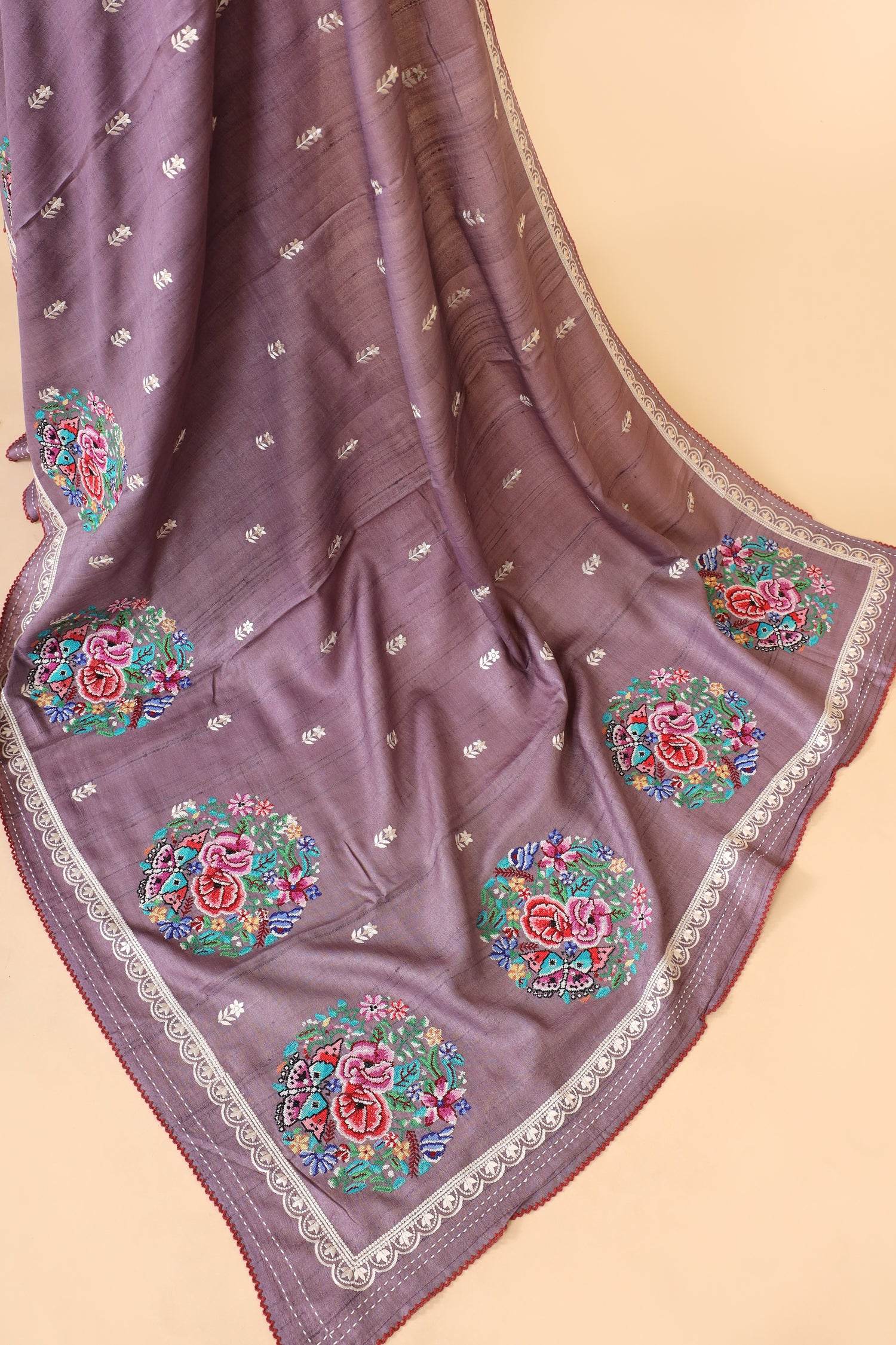 Dusty Lavender Tusser Silk Saree With Cross Stitch Petit Point Embroidery