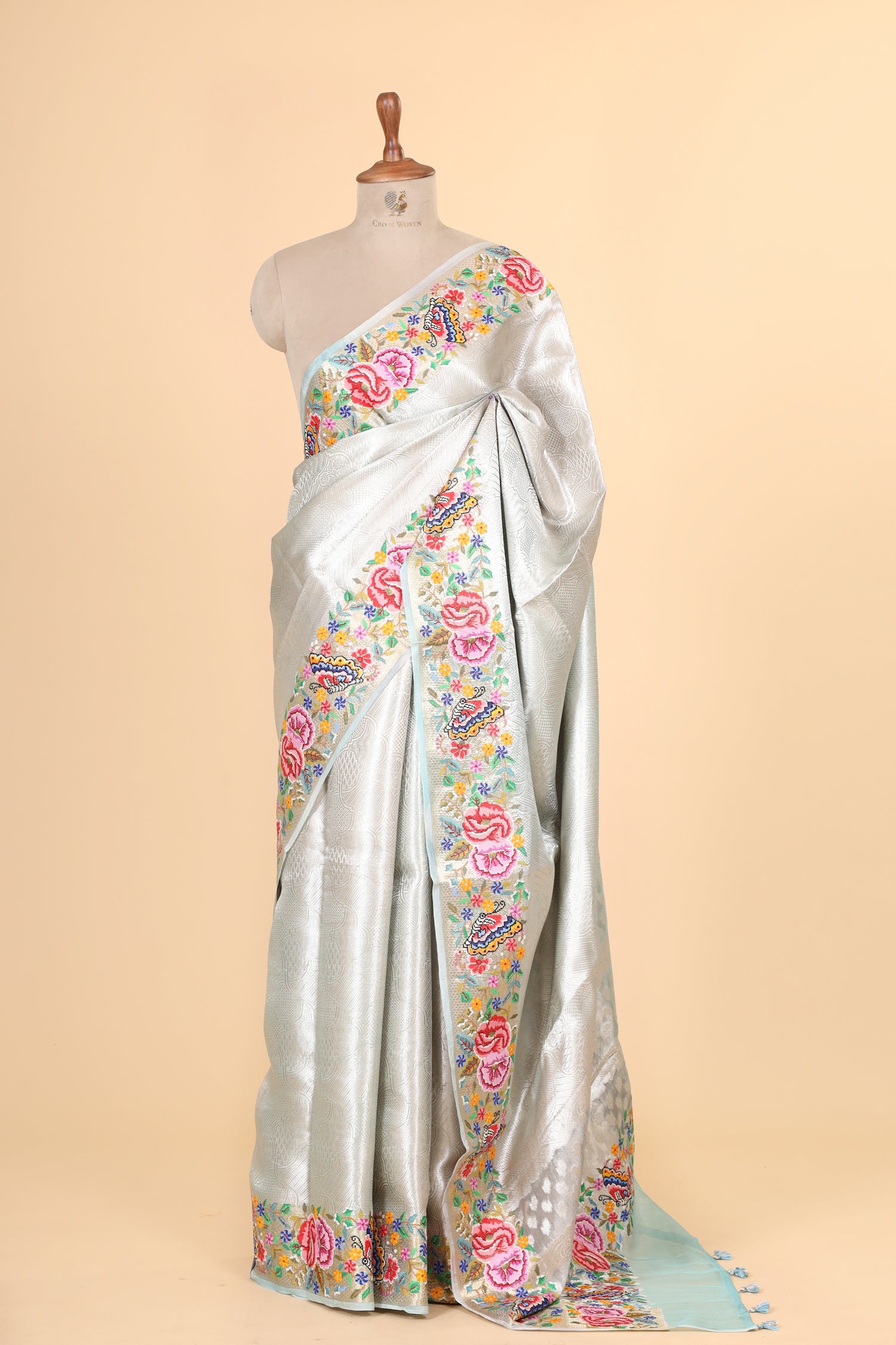 Powder Blue Tissue Brocade Saree with Cross-Stitch Petit Point Embroidered Border