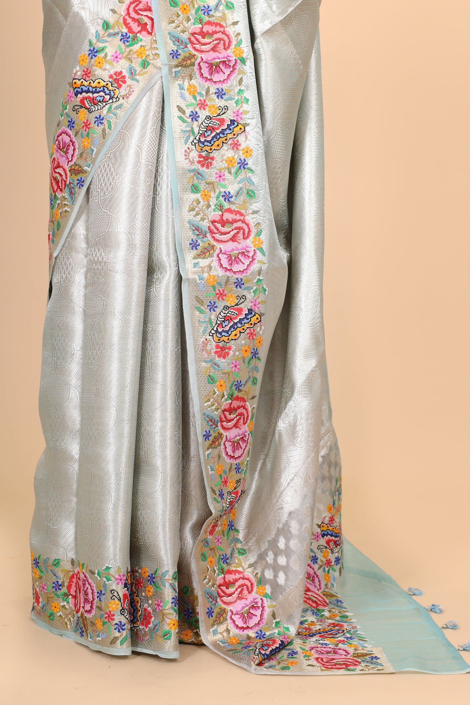 Powder Blue Tissue Brocade Saree with Cross-Stitch Petit Point Embroidered Border