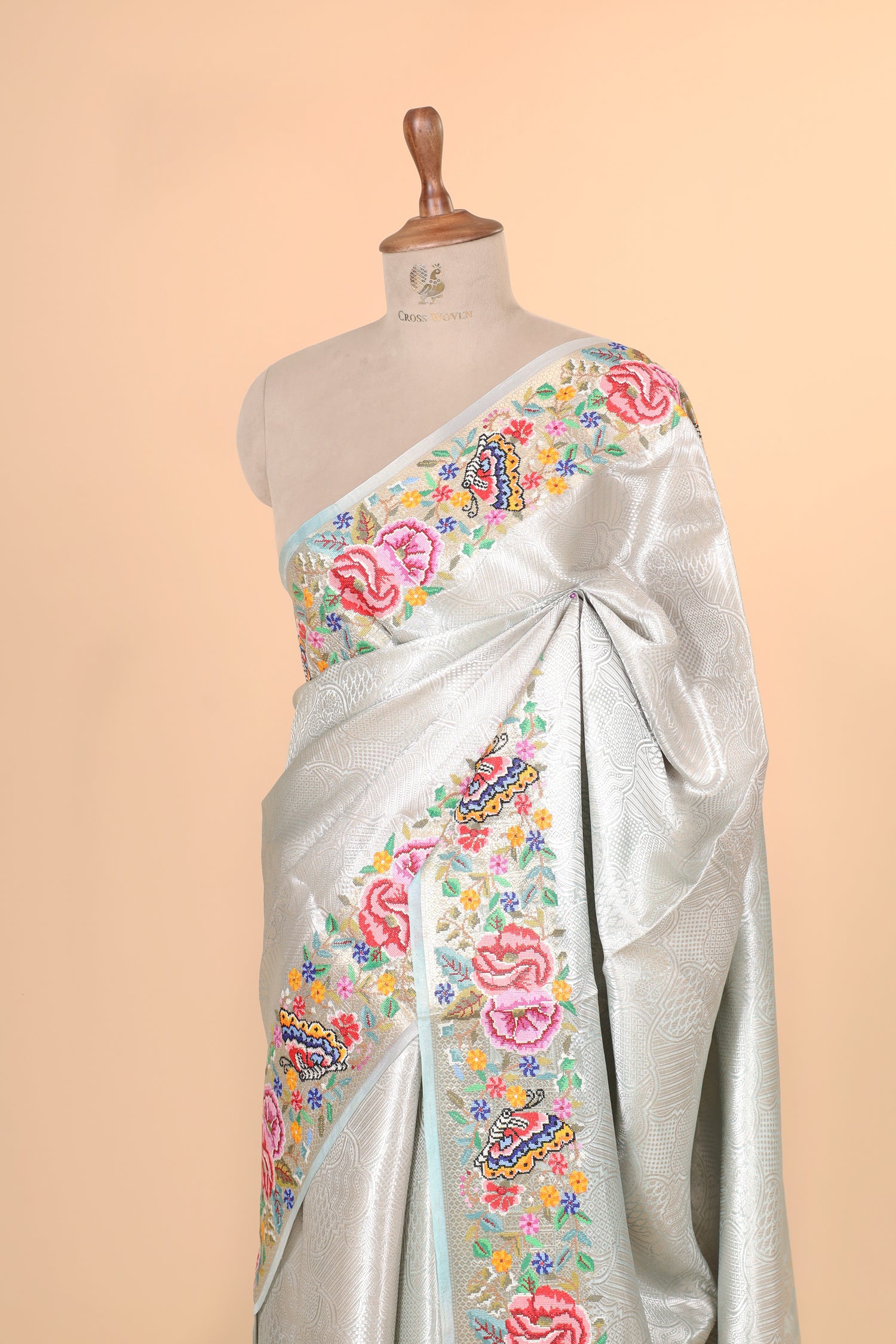 Powder Blue Tissue Brocade Saree with Cross-Stitch Petit Point Embroidered Border