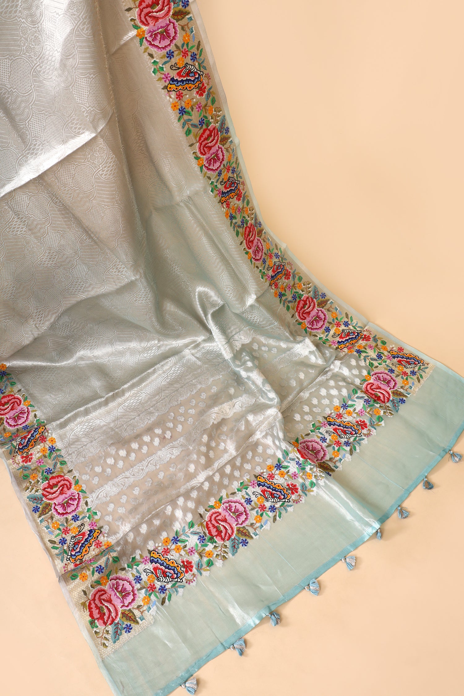 Powder Blue Tissue Brocade Saree with Cross-Stitch Petit Point Embroidered Border