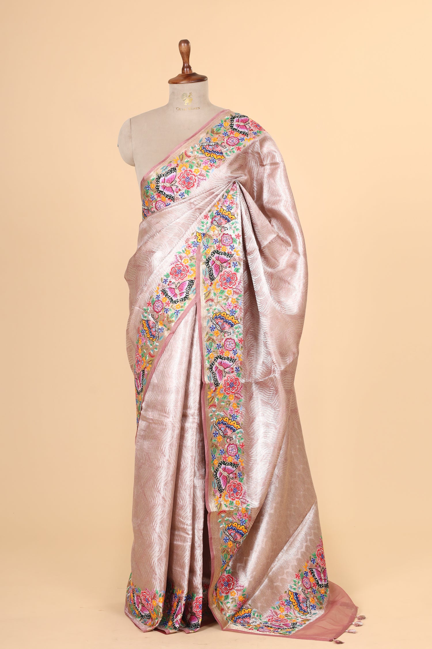 Blush Pink Tissue Brocade Saree with Cross-Stitch Petit Point Embroidered Border