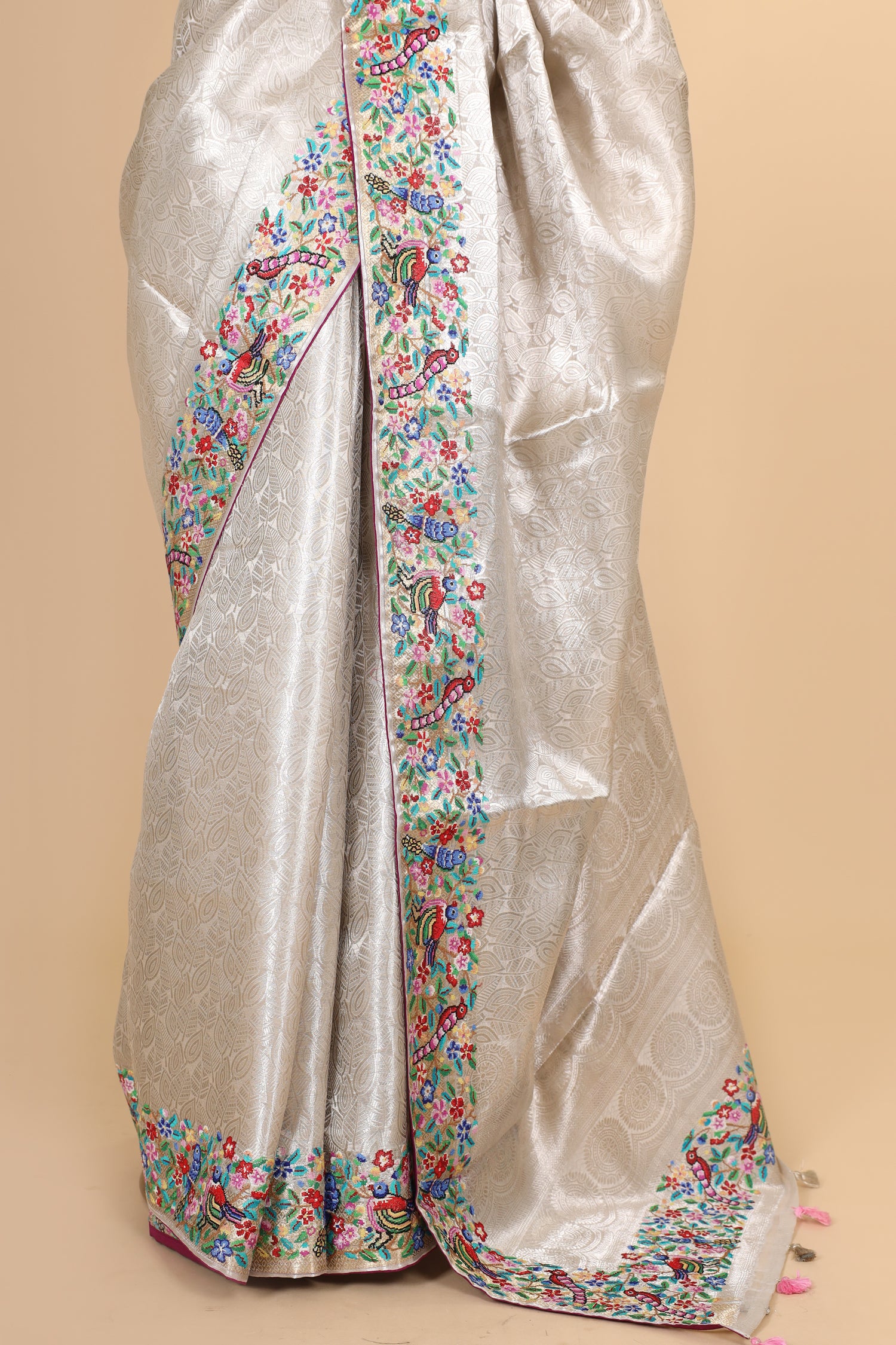 Silver Tissue Brocade Saree with Cross-Stitch Petit Point Embroidered Border