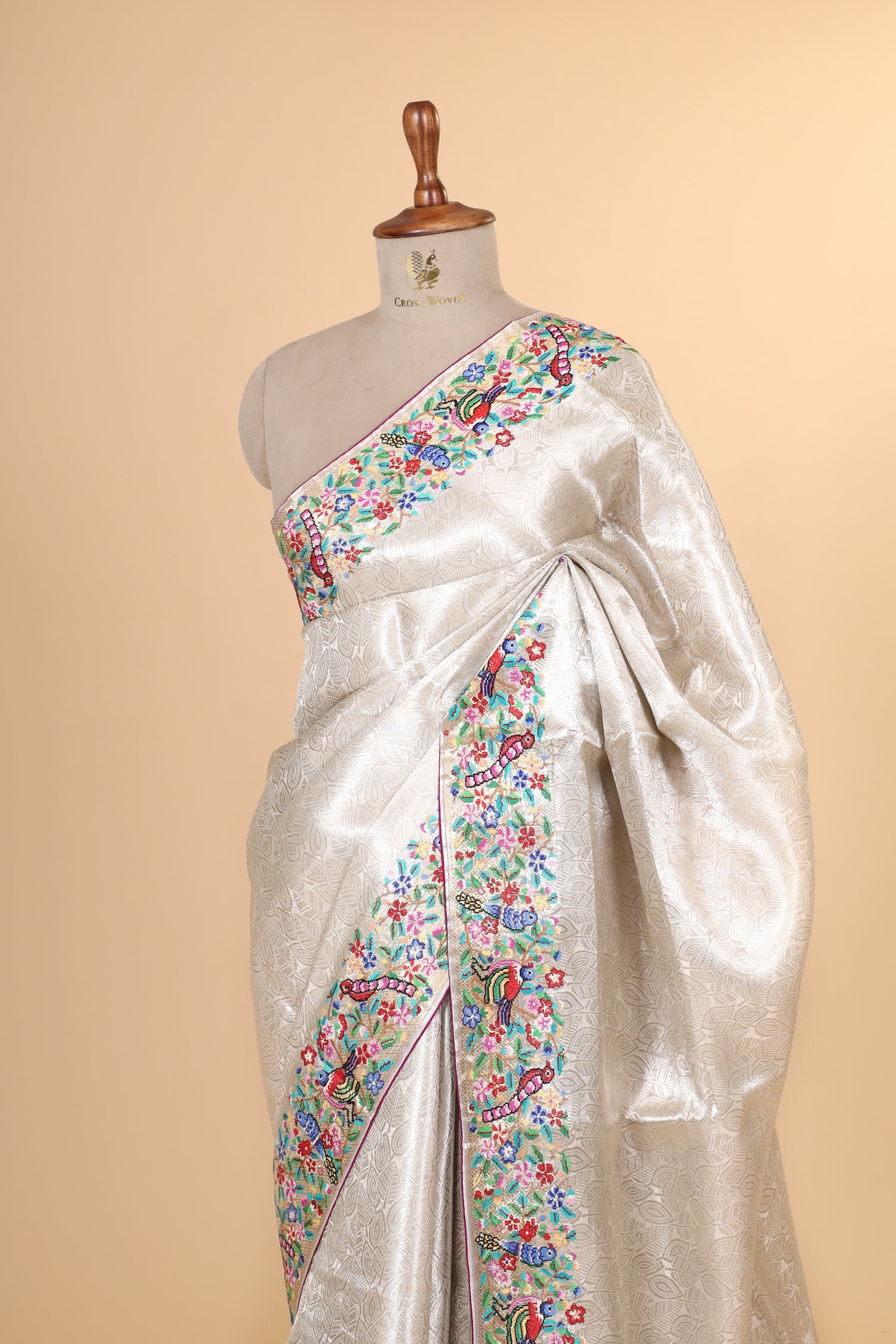 Silver Tissue Brocade Saree with Cross-Stitch Petit Point Embroidered Border