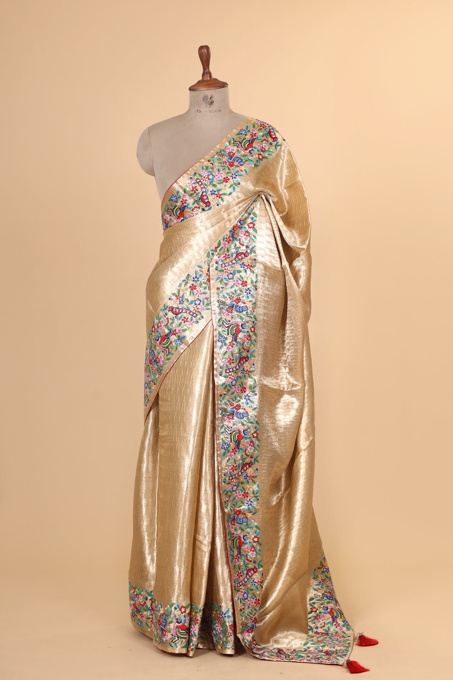 Gold Tissue Brocade Saree with Cross-Stitch Petit Point Embroidered Border