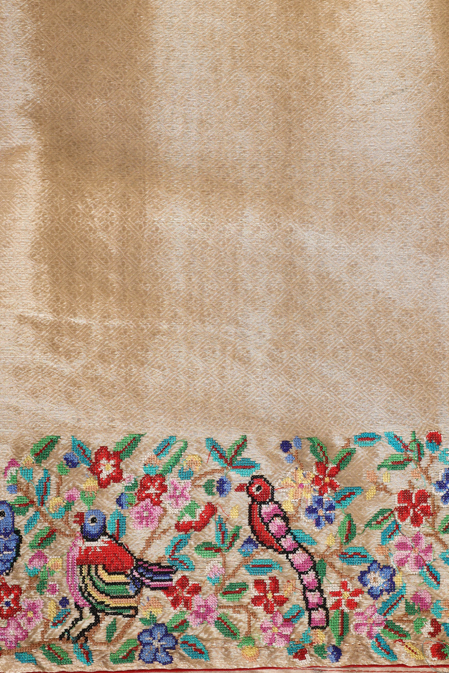 Gold Tissue Brocade Saree with Cross-Stitch Petit Point Embroidered Border