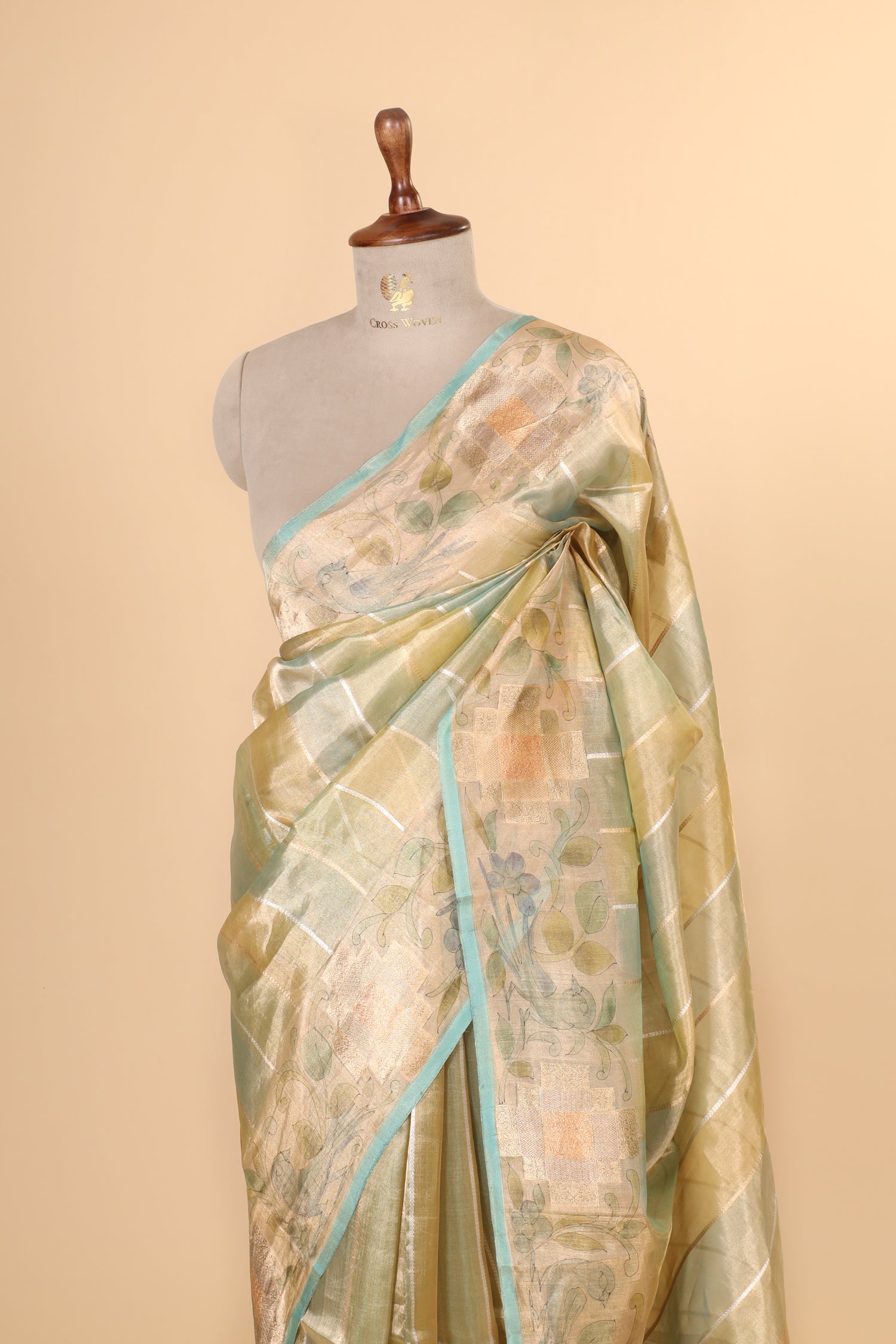 Aqua Blue Rangkat Tissue Silk Saree with Hand-Painted Border