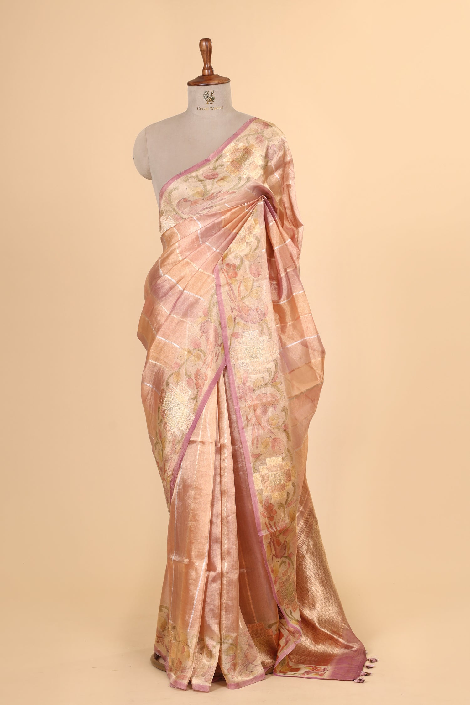 Blush Pink Rangkaat Tissue Silk Saree With Hand-Painted Floral Border