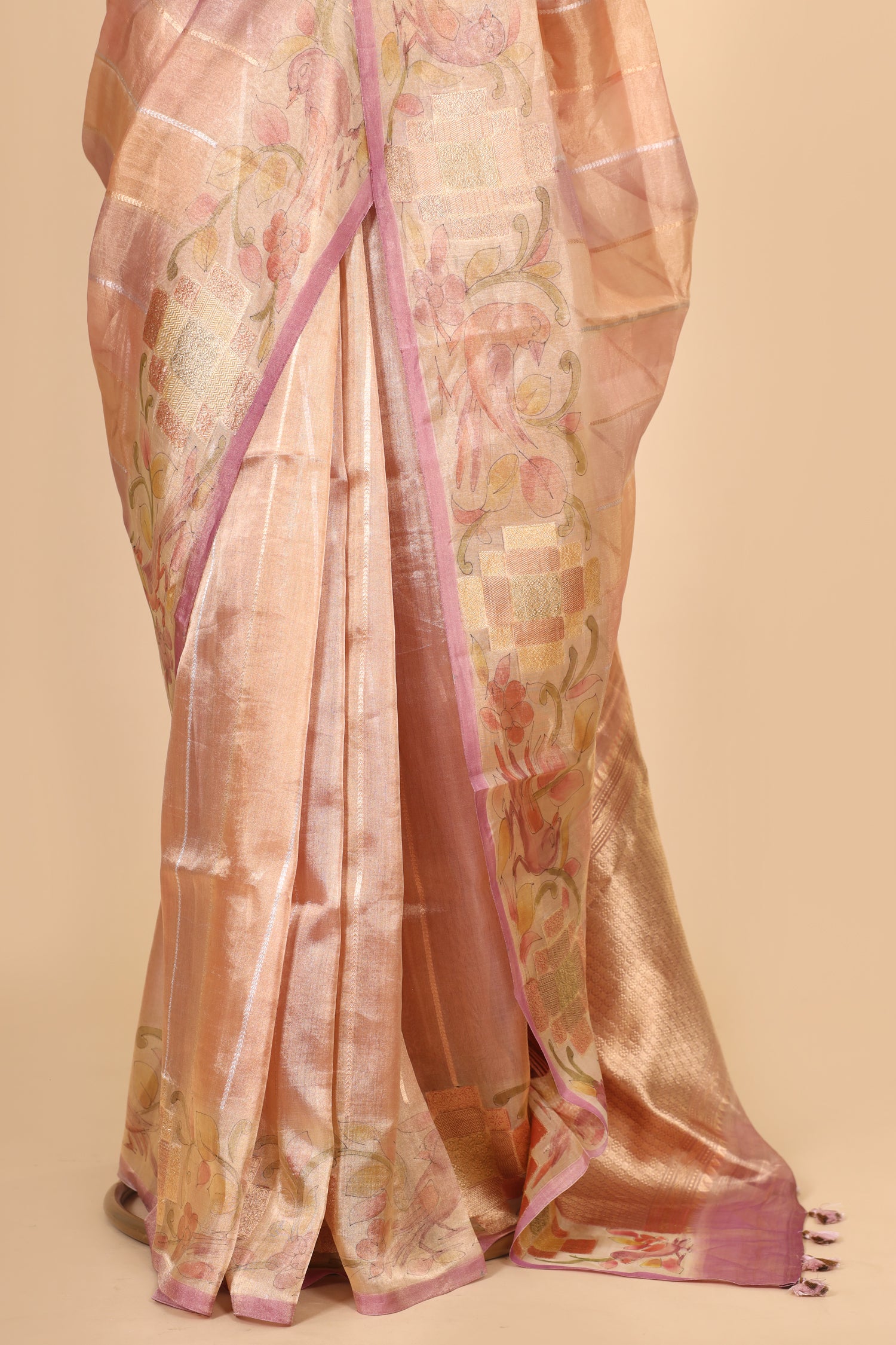 Blush Pink Rangkaat Tissue Silk Saree With Hand-Painted Floral Border
