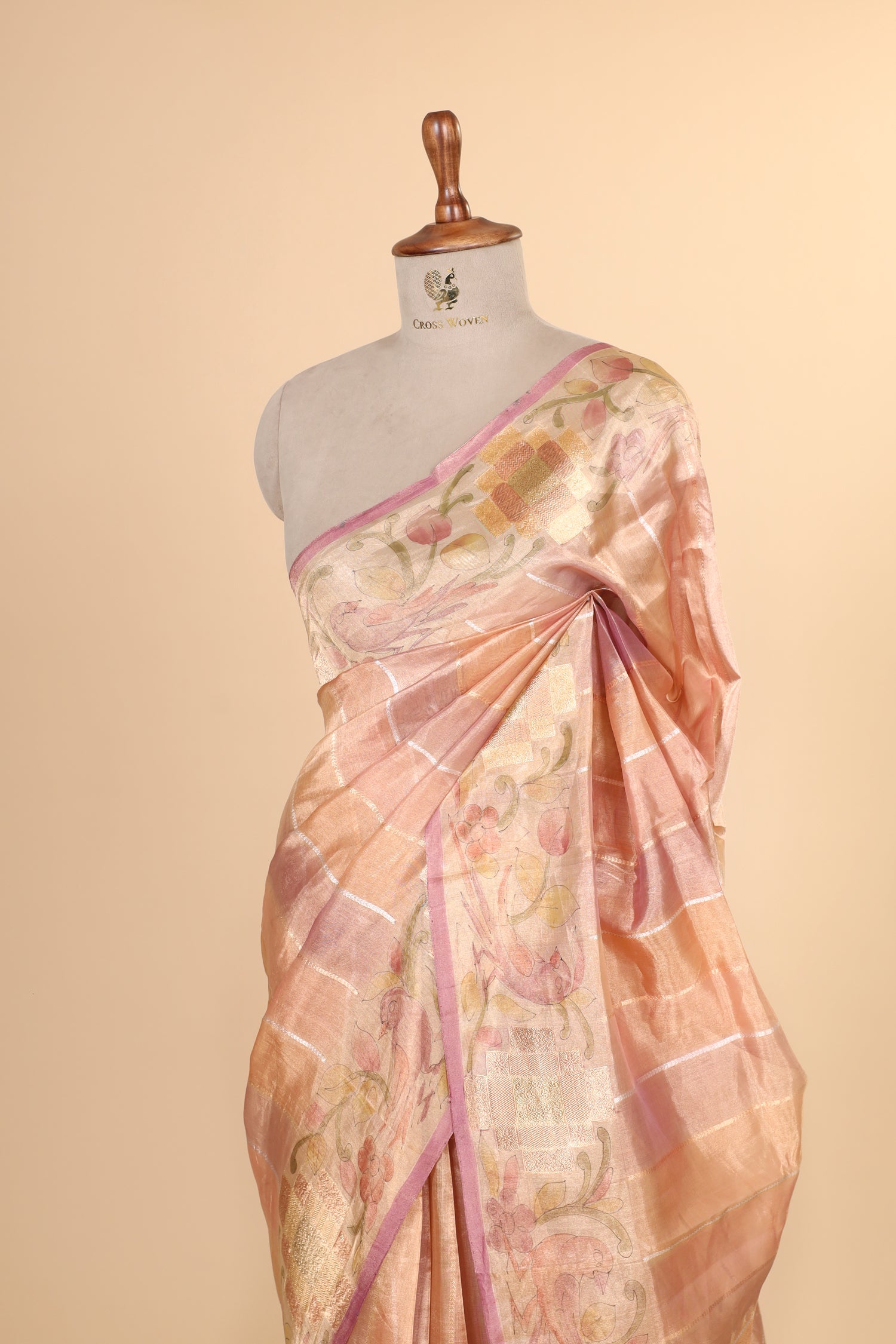 Blush Pink Rangkaat Tissue Silk Saree With Hand-Painted Floral Border