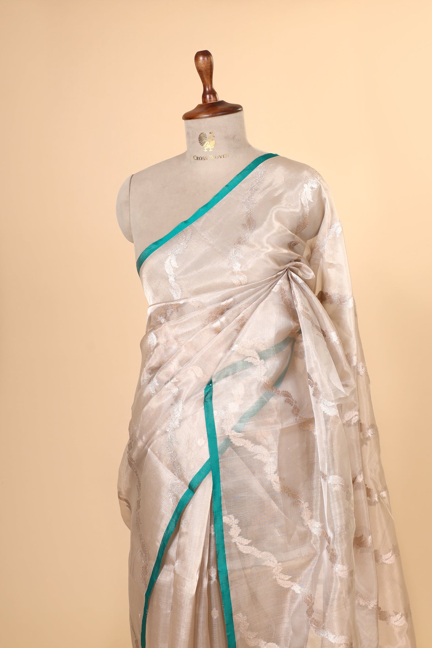 Champagne Tissue Silk Saree With Leheriya Pattern