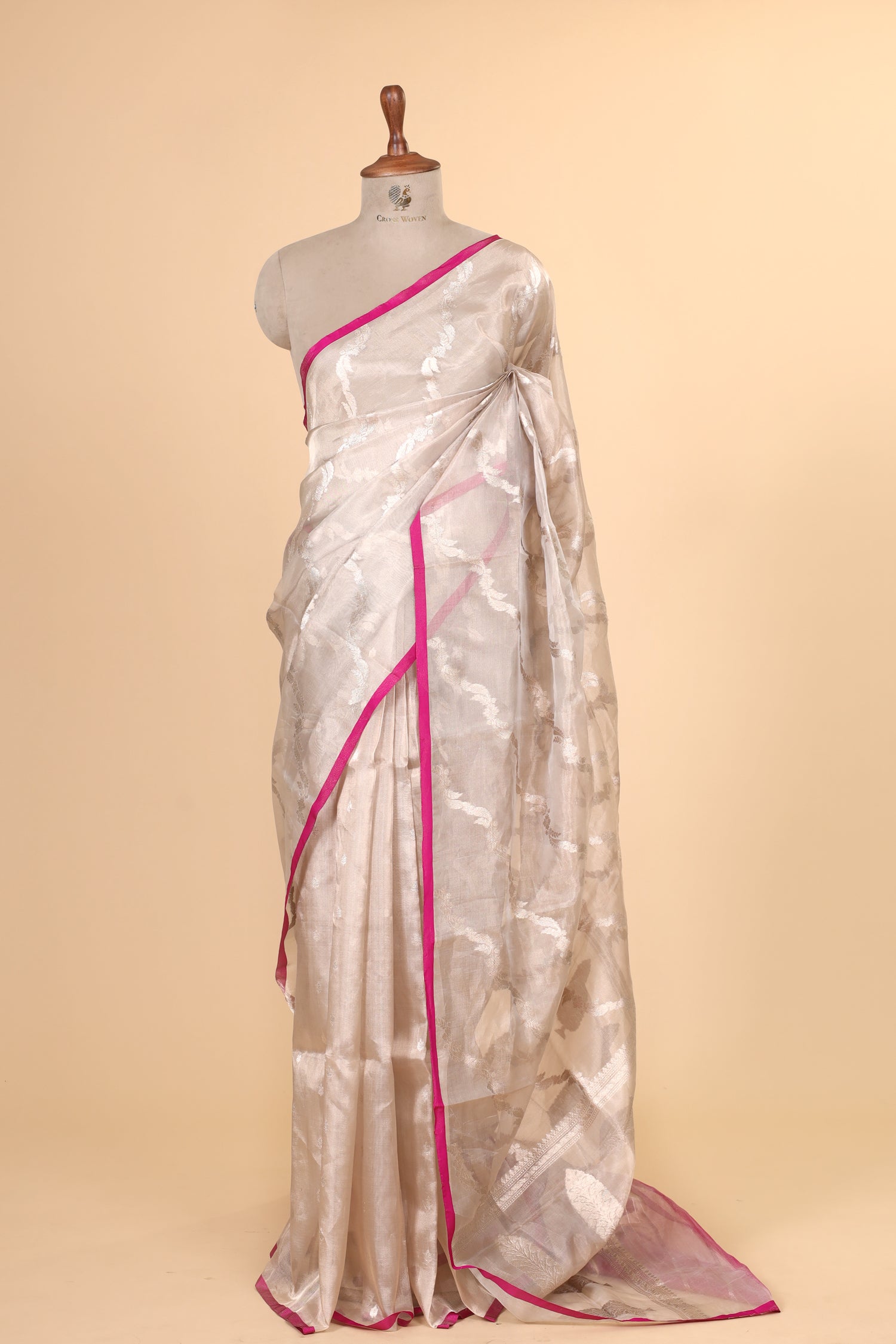 Champagne Tissue Silk Saree With Leheriya Pattern