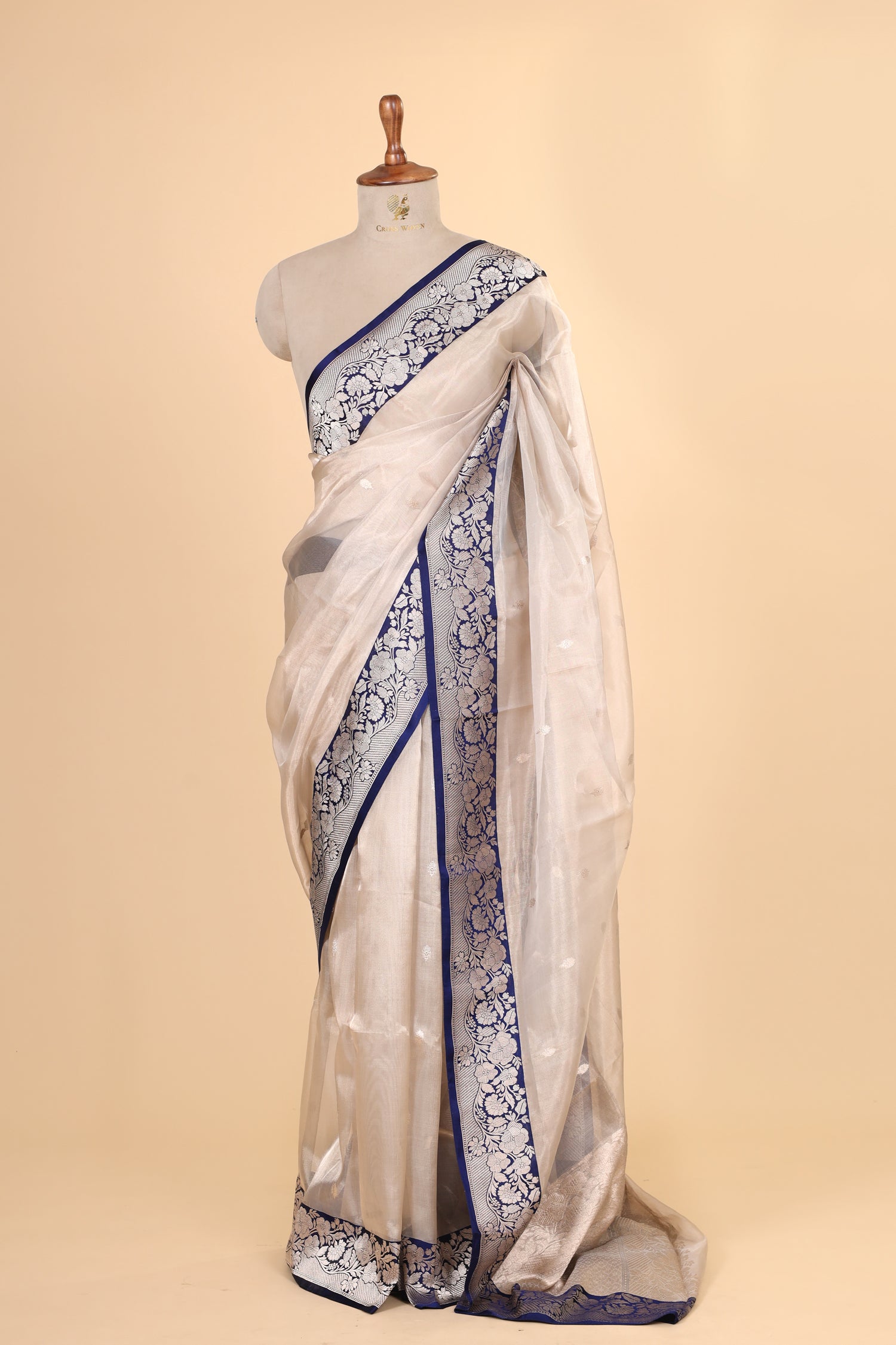 Champagne Tissue Silk Saree With Royal Blue Contrast Border