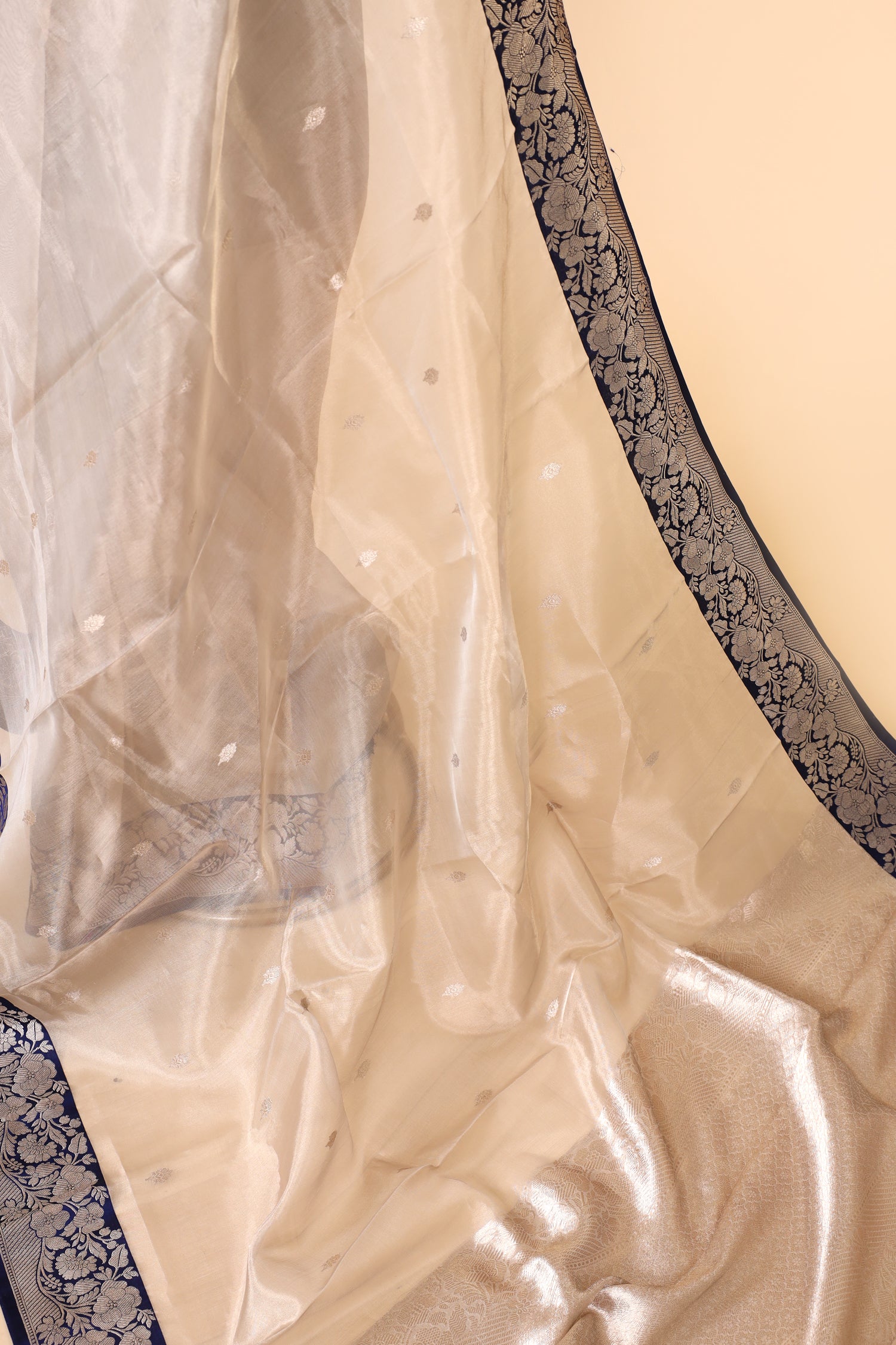 Champagne Tissue Silk Saree With Royal Blue Contrast Border