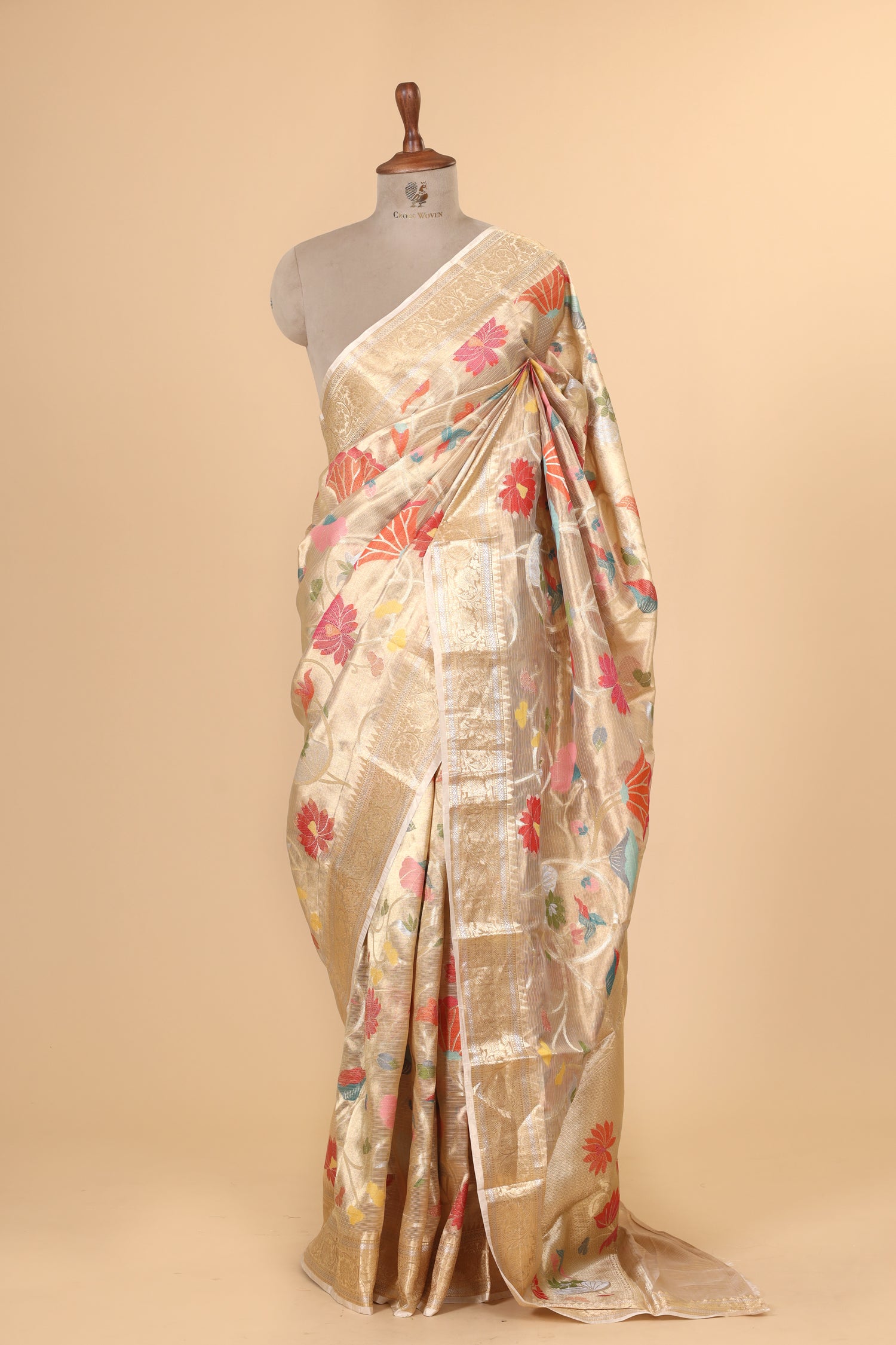 Champagne Tissue Silk Saree With Paithani Style Floral Vines