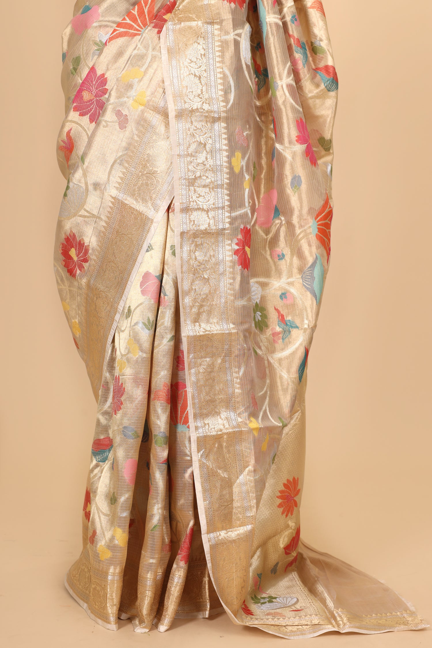Champagne Tissue Silk Saree With Paithani Style Floral Vines