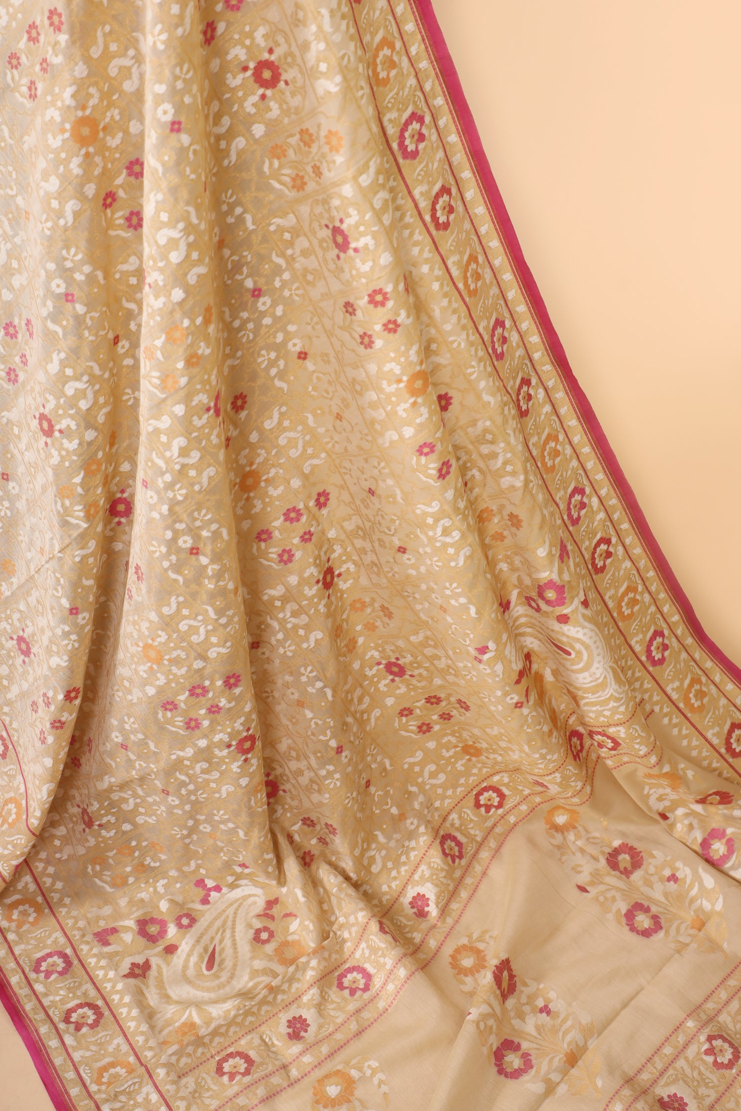 Ivory Pure Jamdani Silk Saree with Meenakari Floral Jaal & Pink Border