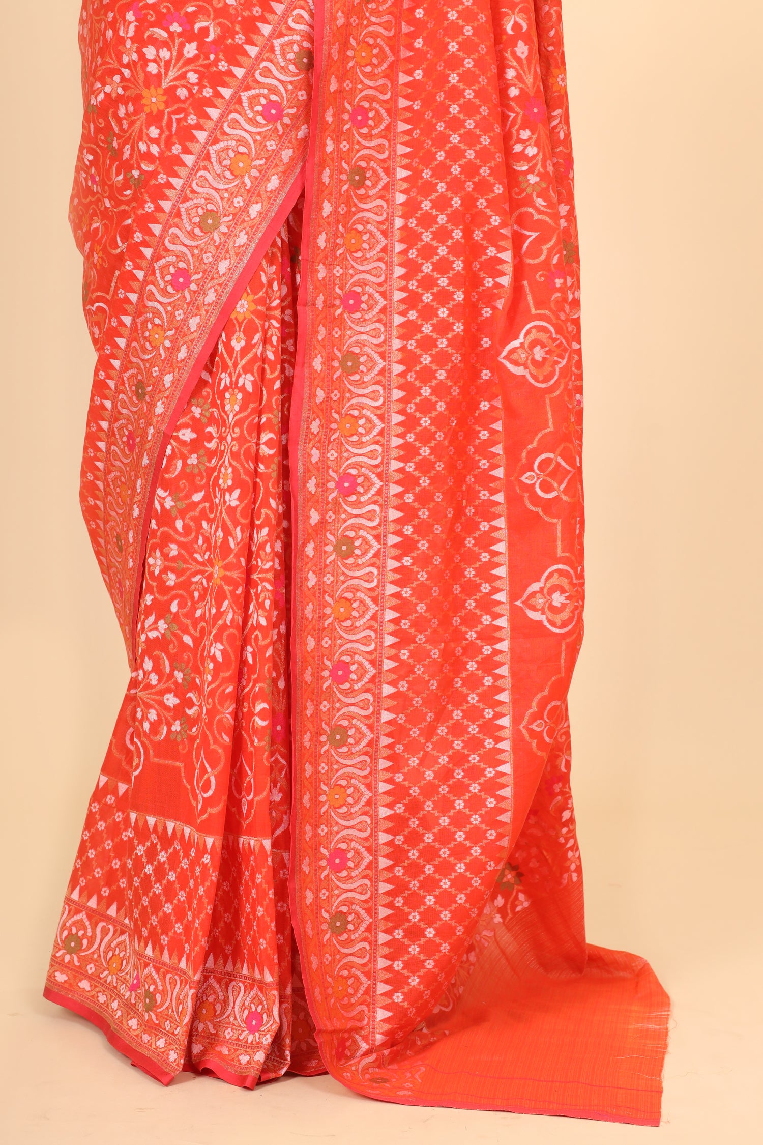 Coral Orange Pure Jamdani Silk Saree with Meenakari Floral Jaal