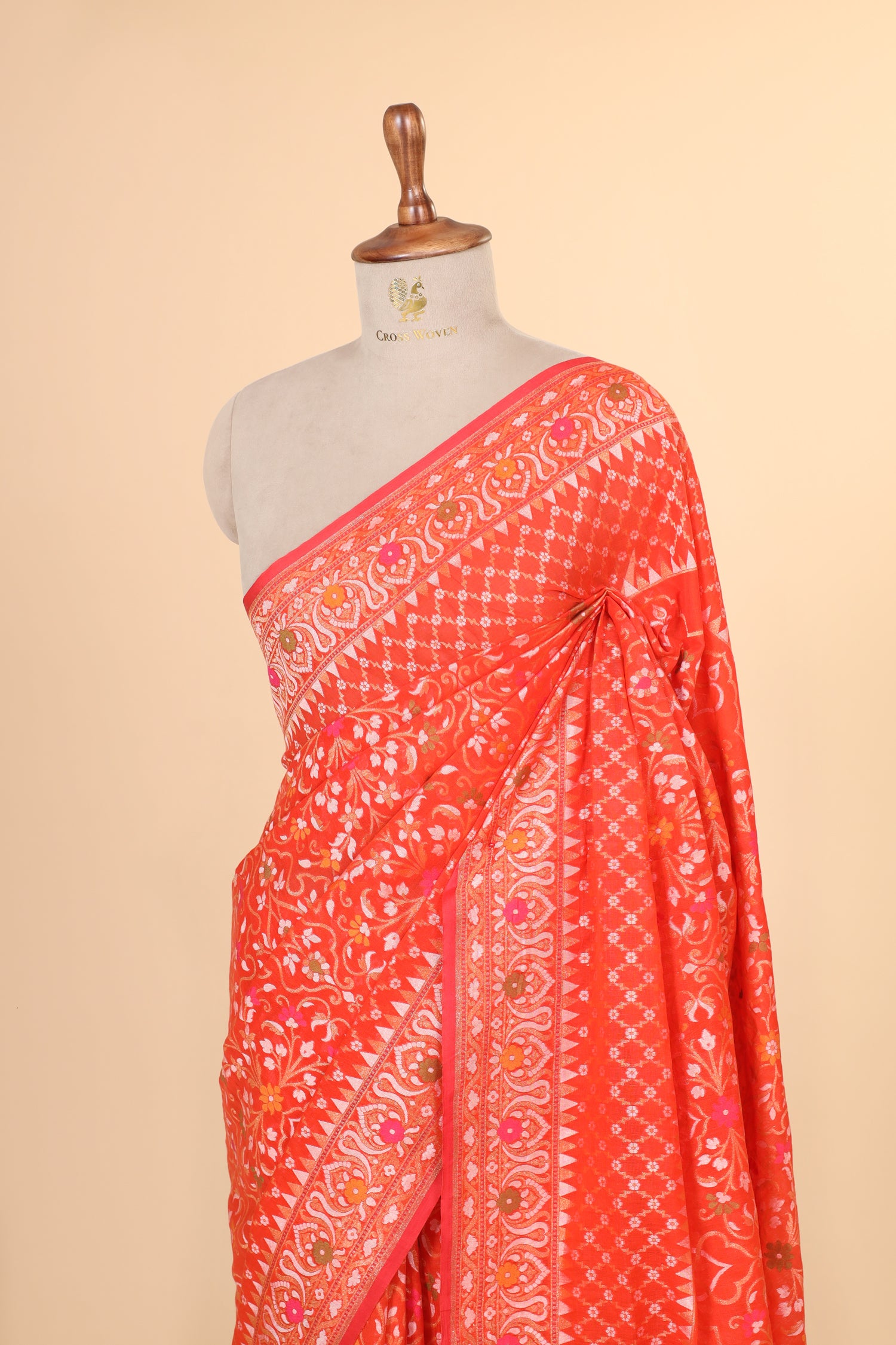 Coral Orange Pure Jamdani Silk Saree with Meenakari Floral Jaal
