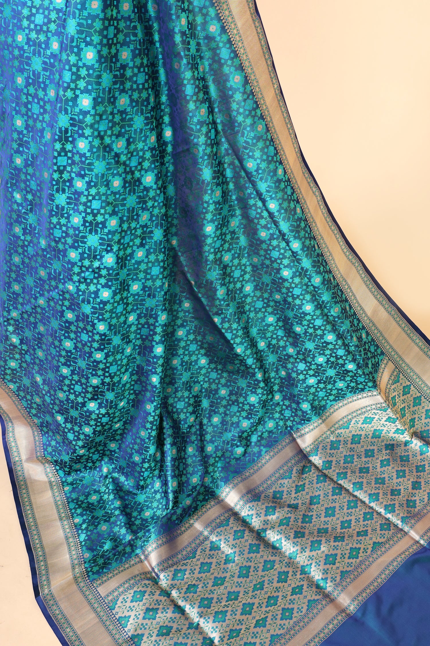 Turquoise Blue & Green Handwoven Pure Banarasi Katan Silk Tanchoi Saree
