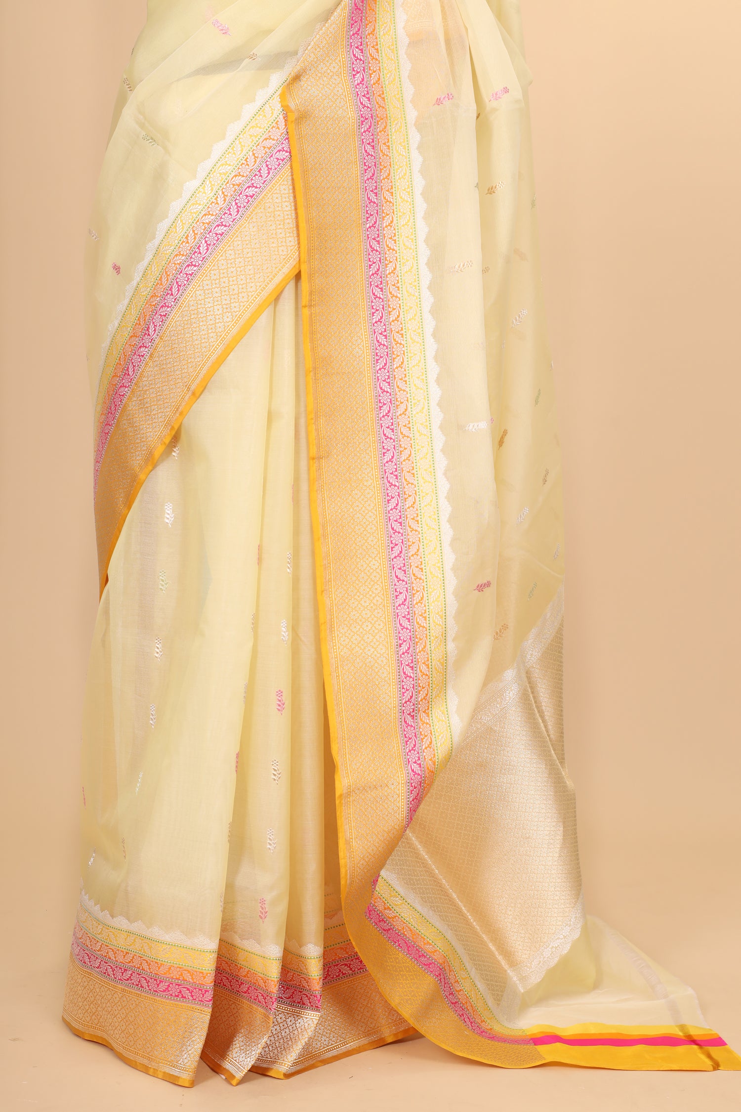 Butter Yellow Organza Silk Saree With Meenakari Bootis