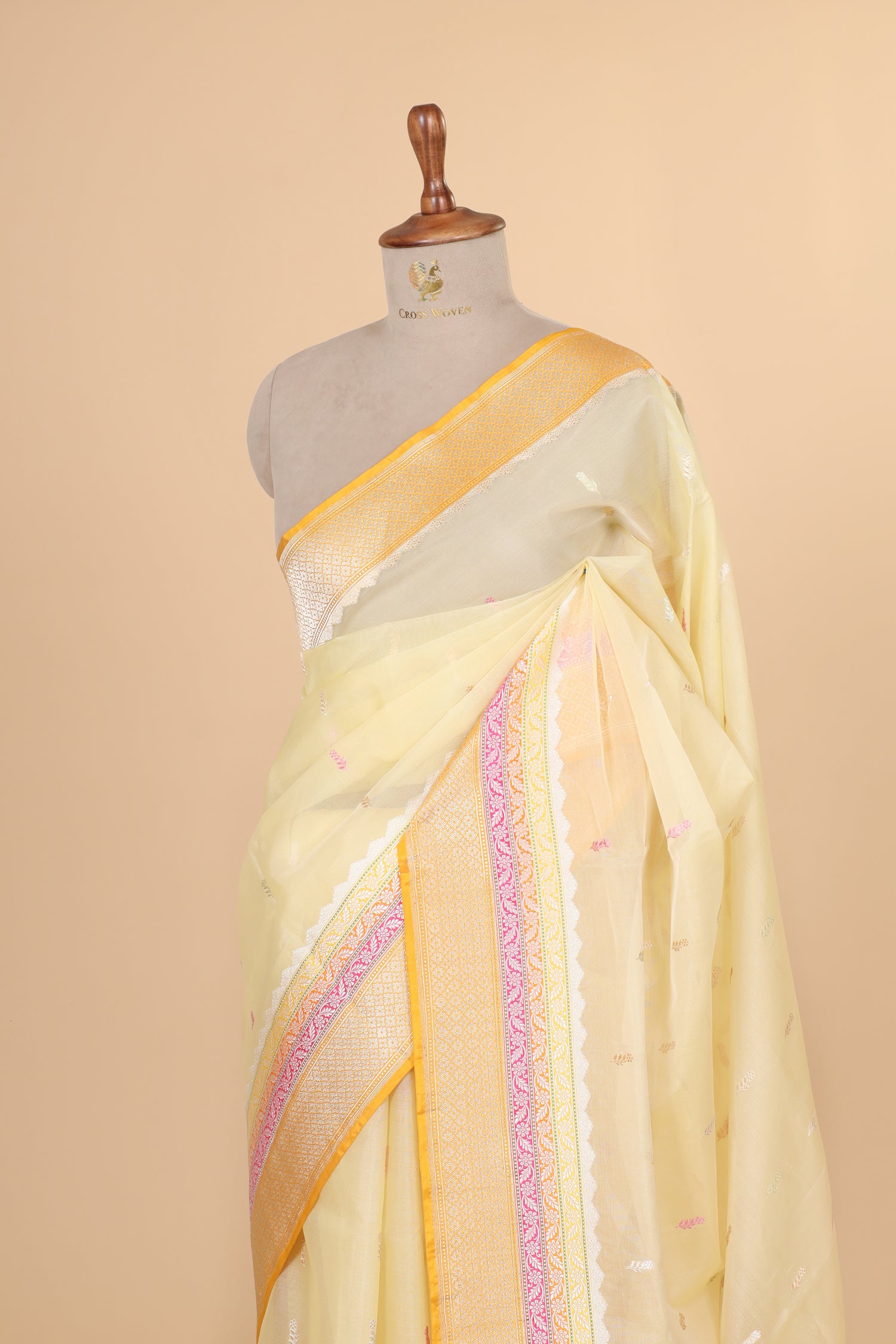 Butter Yellow Organza Silk Saree With Meenakari Bootis