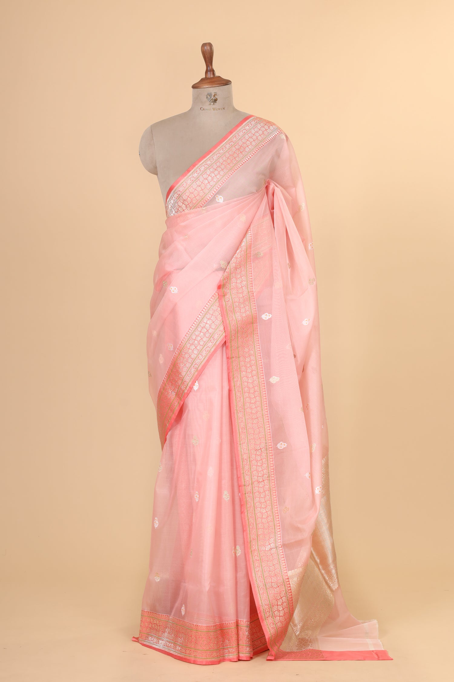 Blush Pink Organza Silk Saree With Floral Motifs