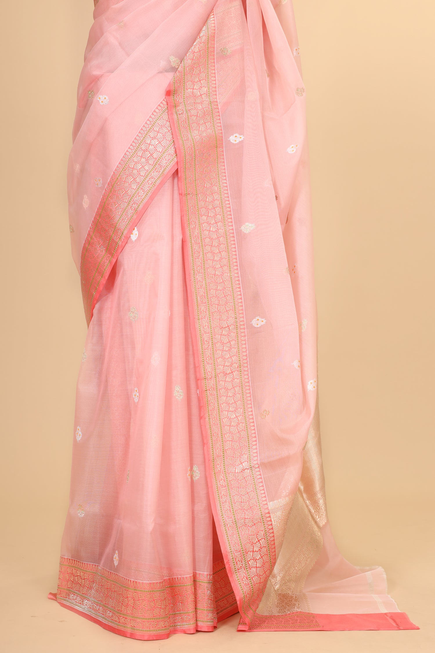 Blush Pink Organza Silk Saree With Floral Motifs