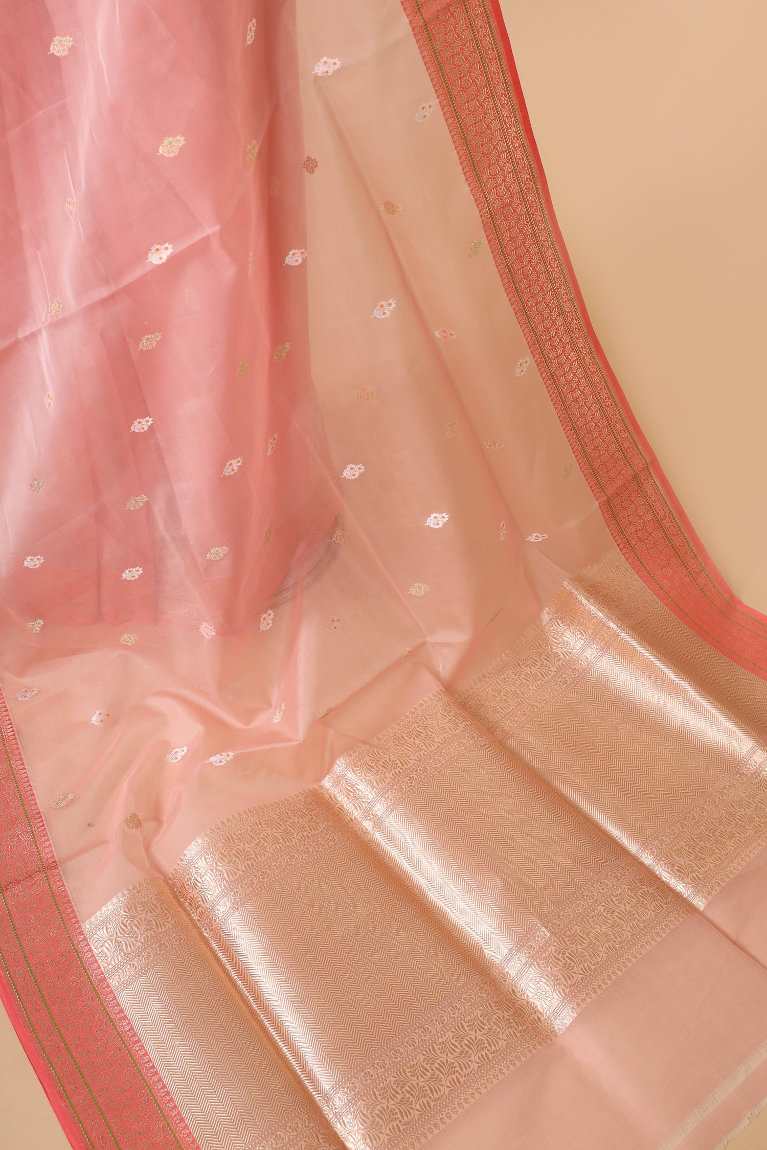 Blush Pink Organza Silk Saree With Floral Motifs
