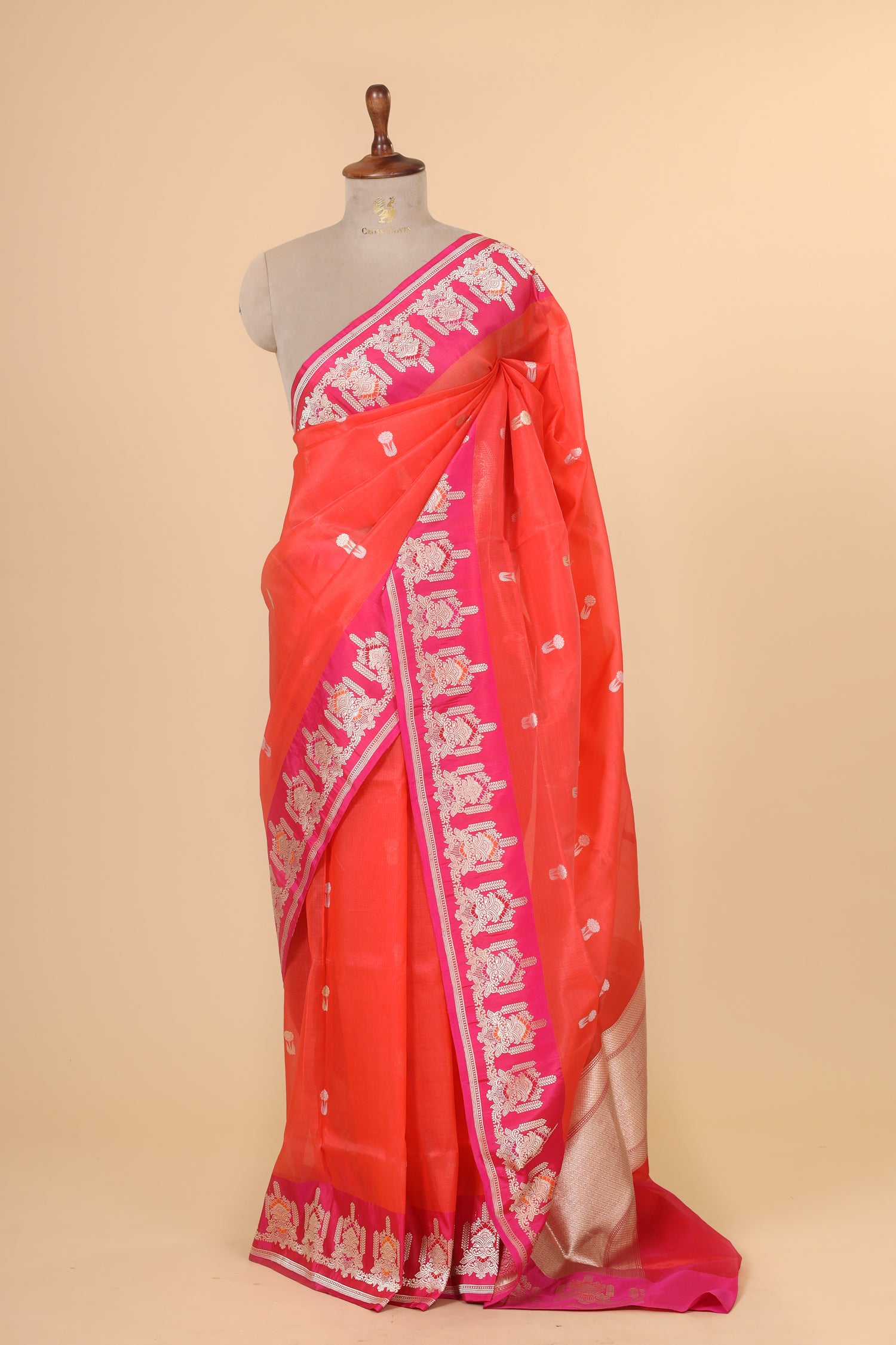 Orange Organza Silk Saree With Contrast Border