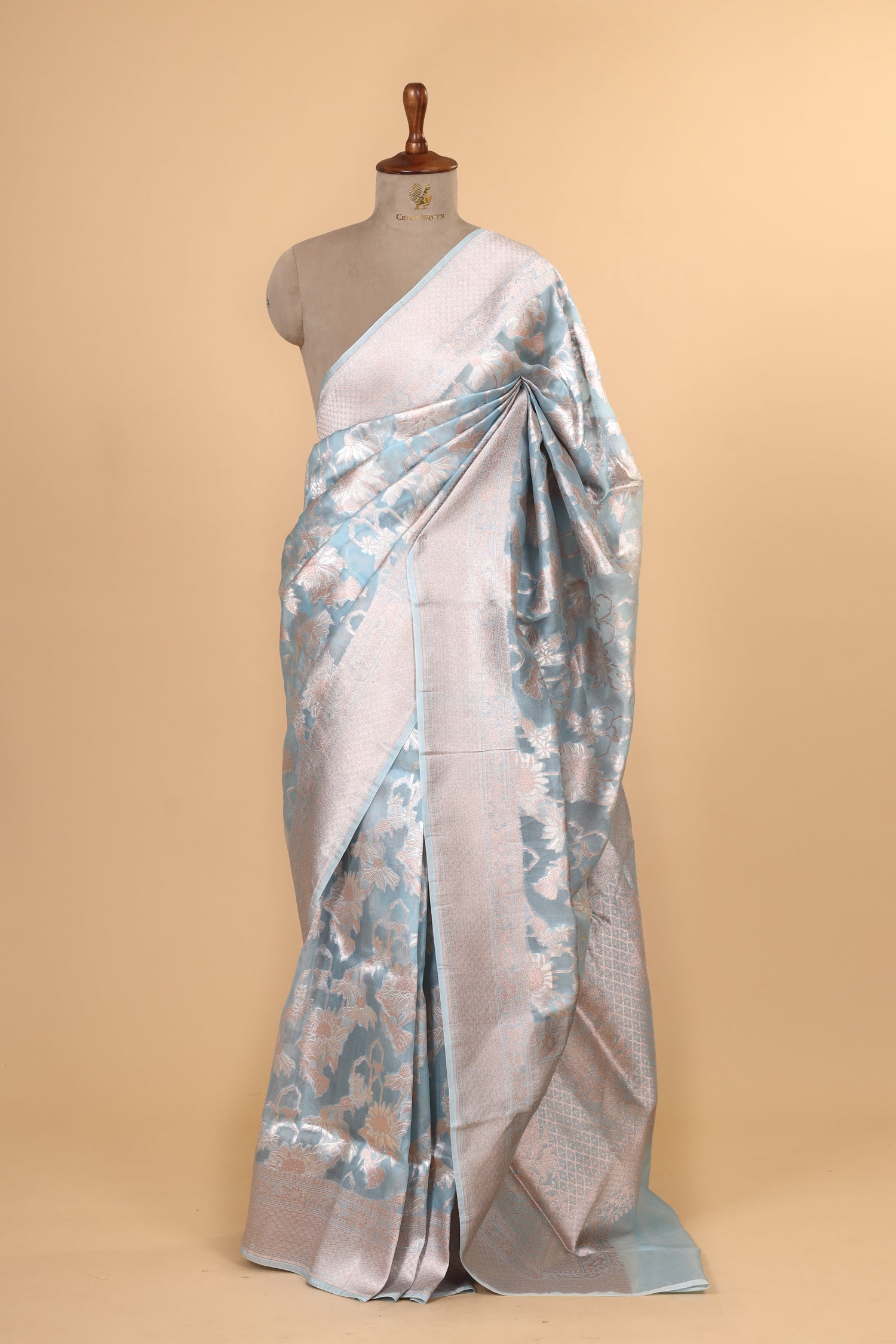 Powder Blue Organza Silk Saree With Floral Jaal