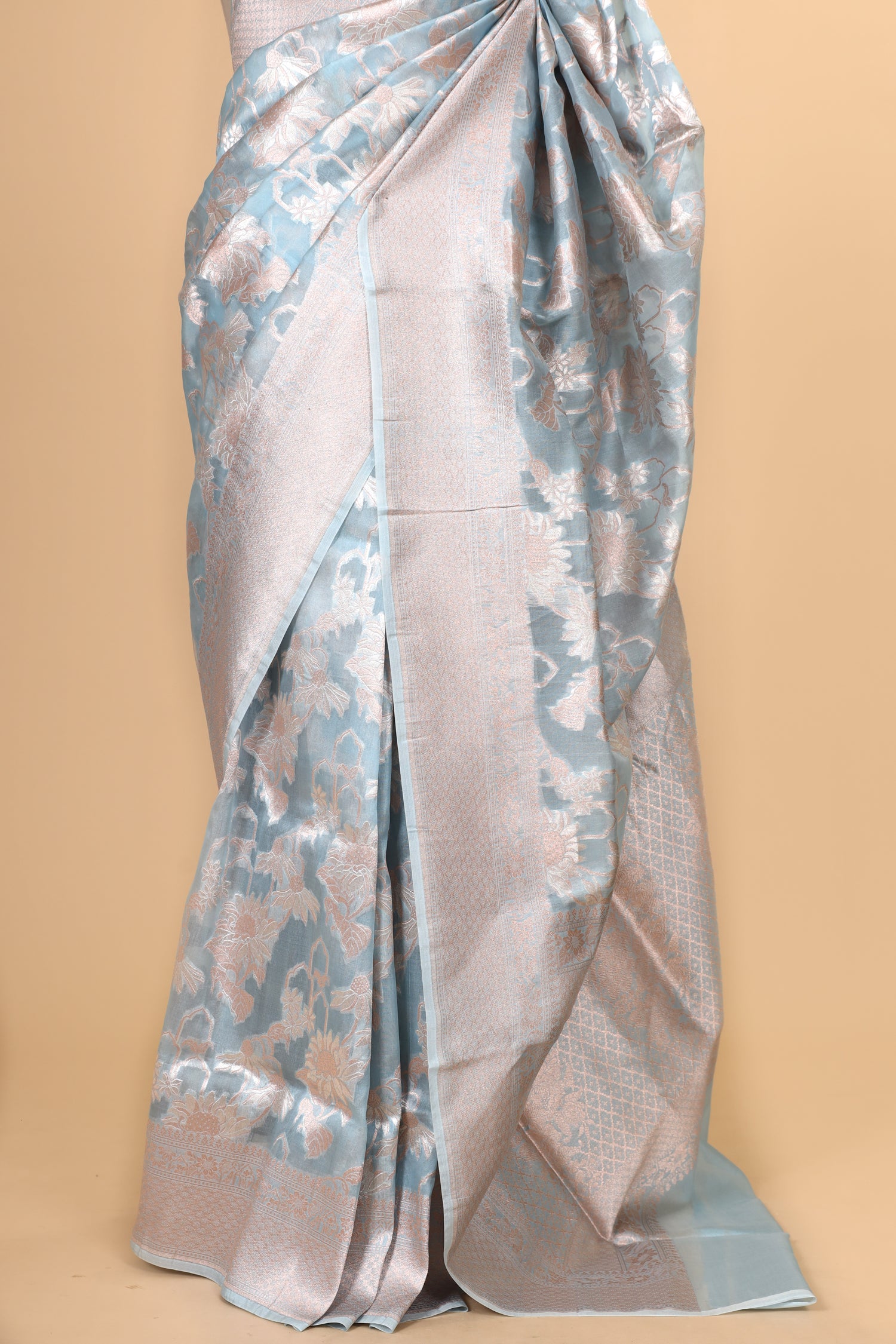 Powder Blue Organza Silk Saree With Floral Jaal