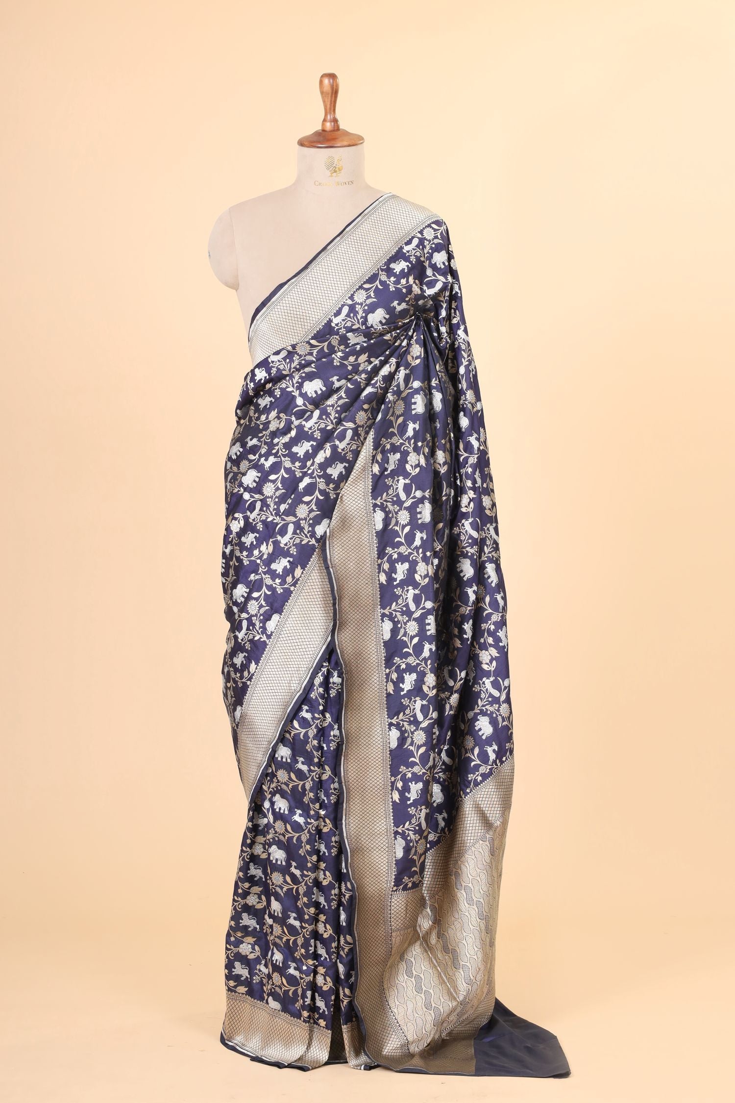 Navy Blue Shikarghah Handwoven Pure Banarasi Katan Silk Saree