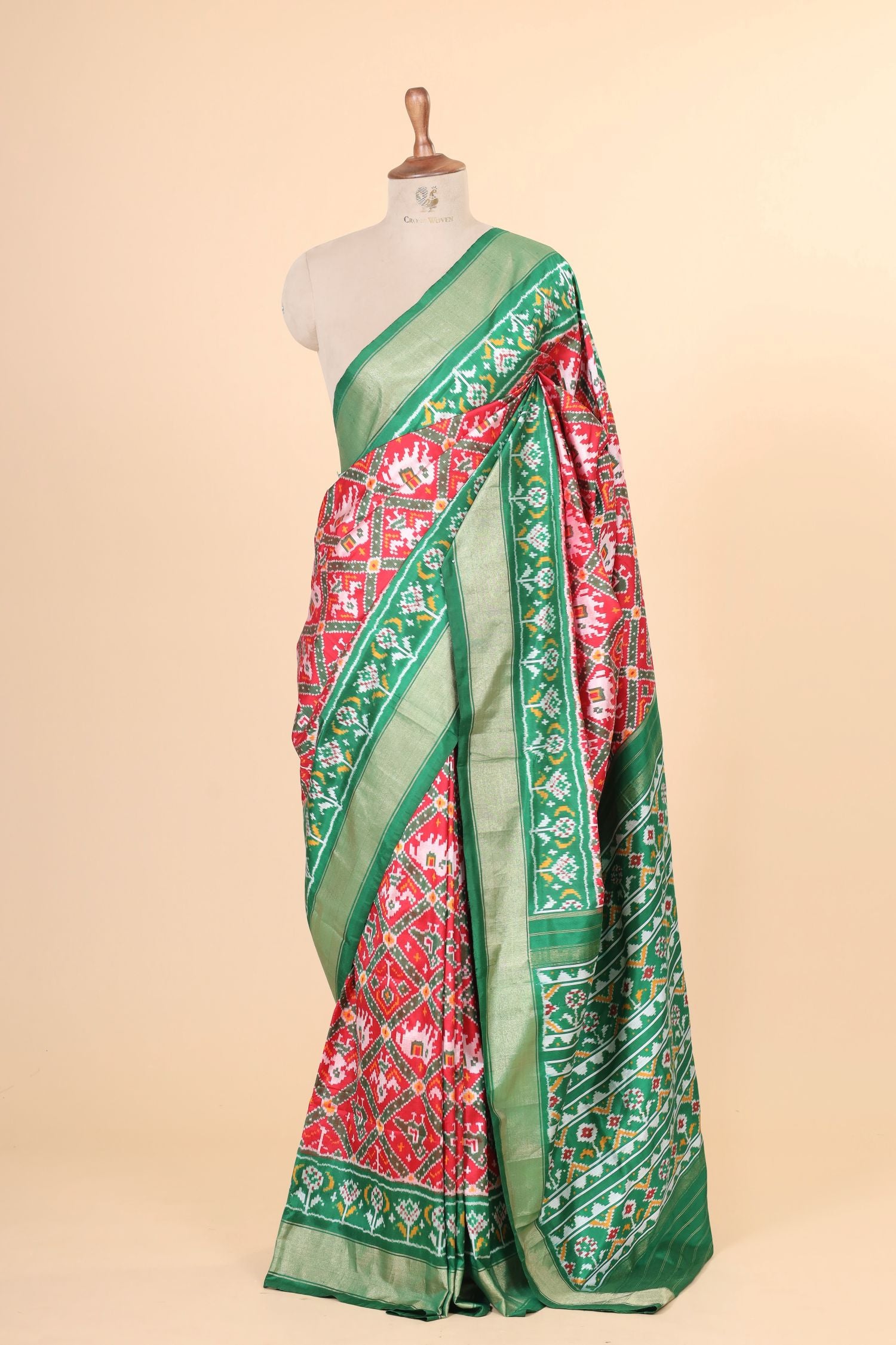 Red Katan Silk Ikkat Patola Saree With Green Border