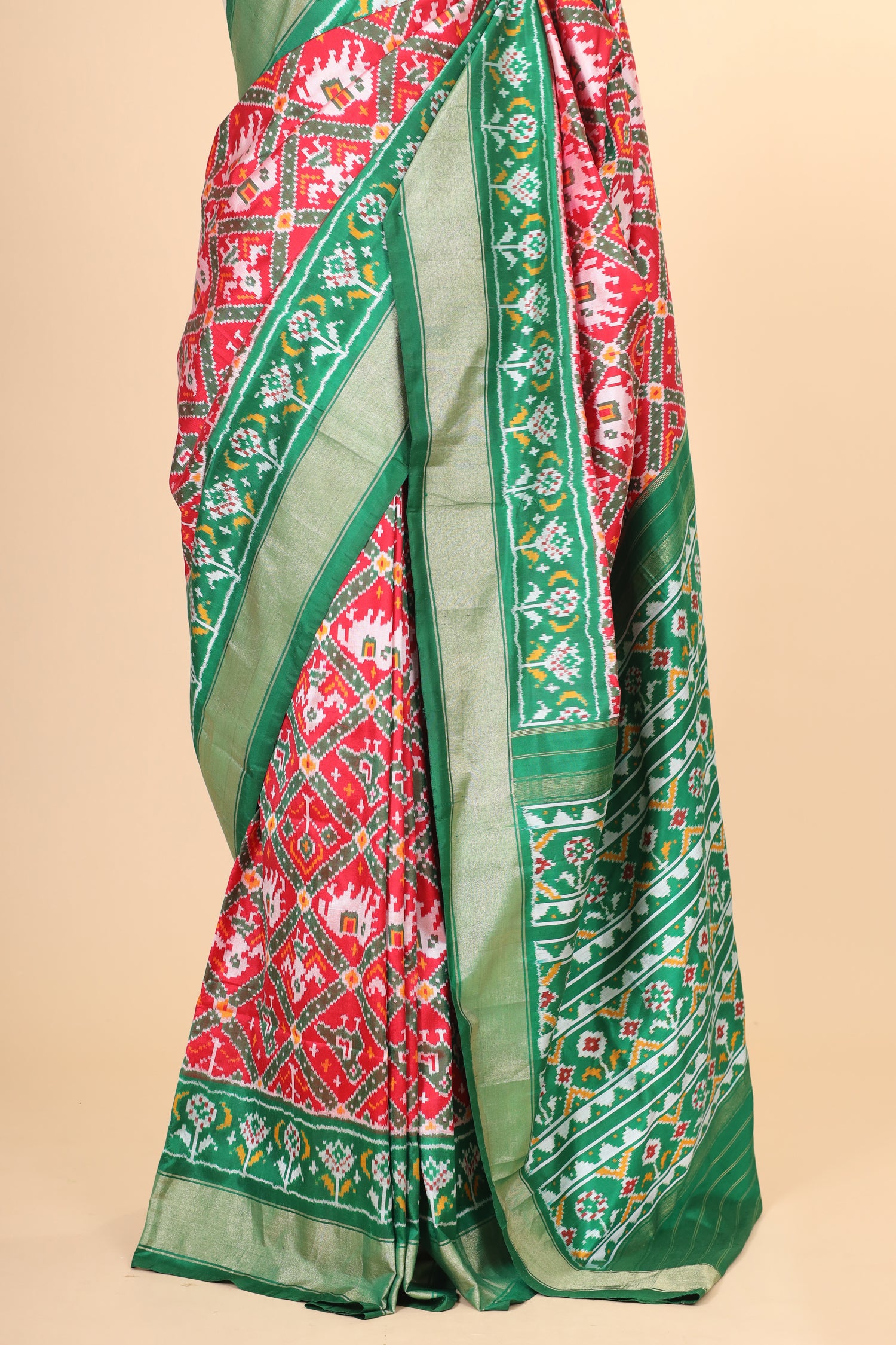 Red Katan Silk Ikkat Patola Saree With Green Border