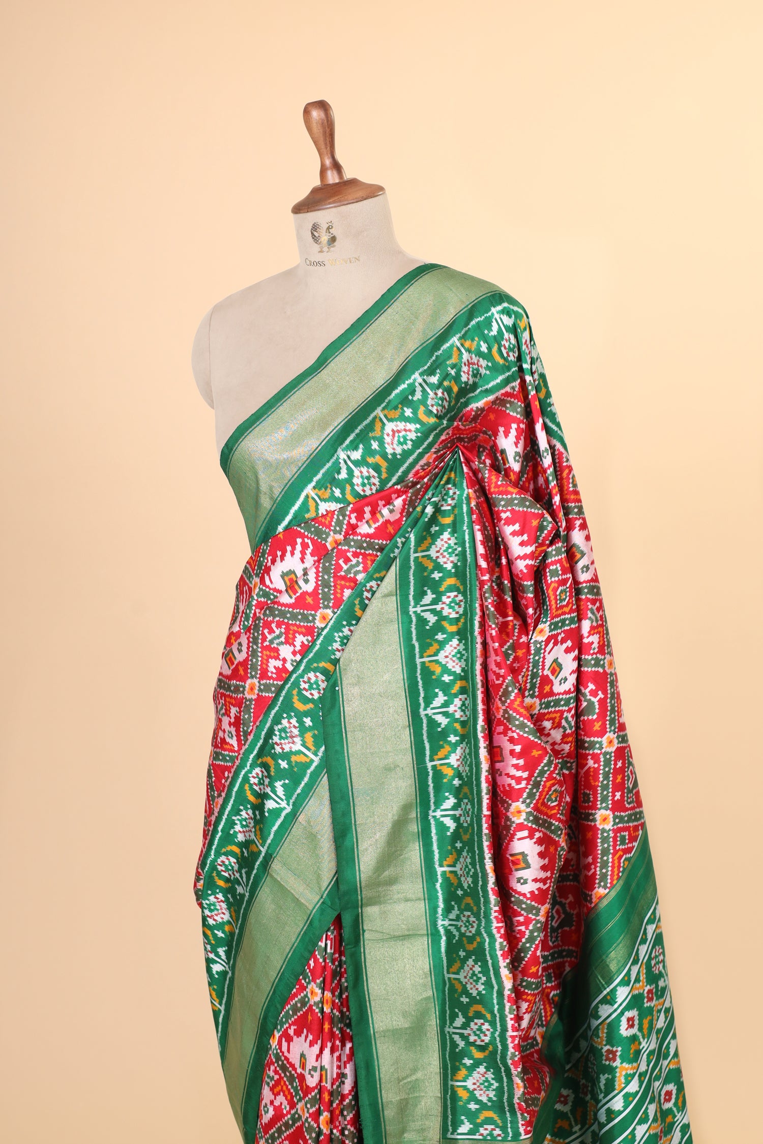 Red Katan Silk Ikkat Patola Saree With Green Border
