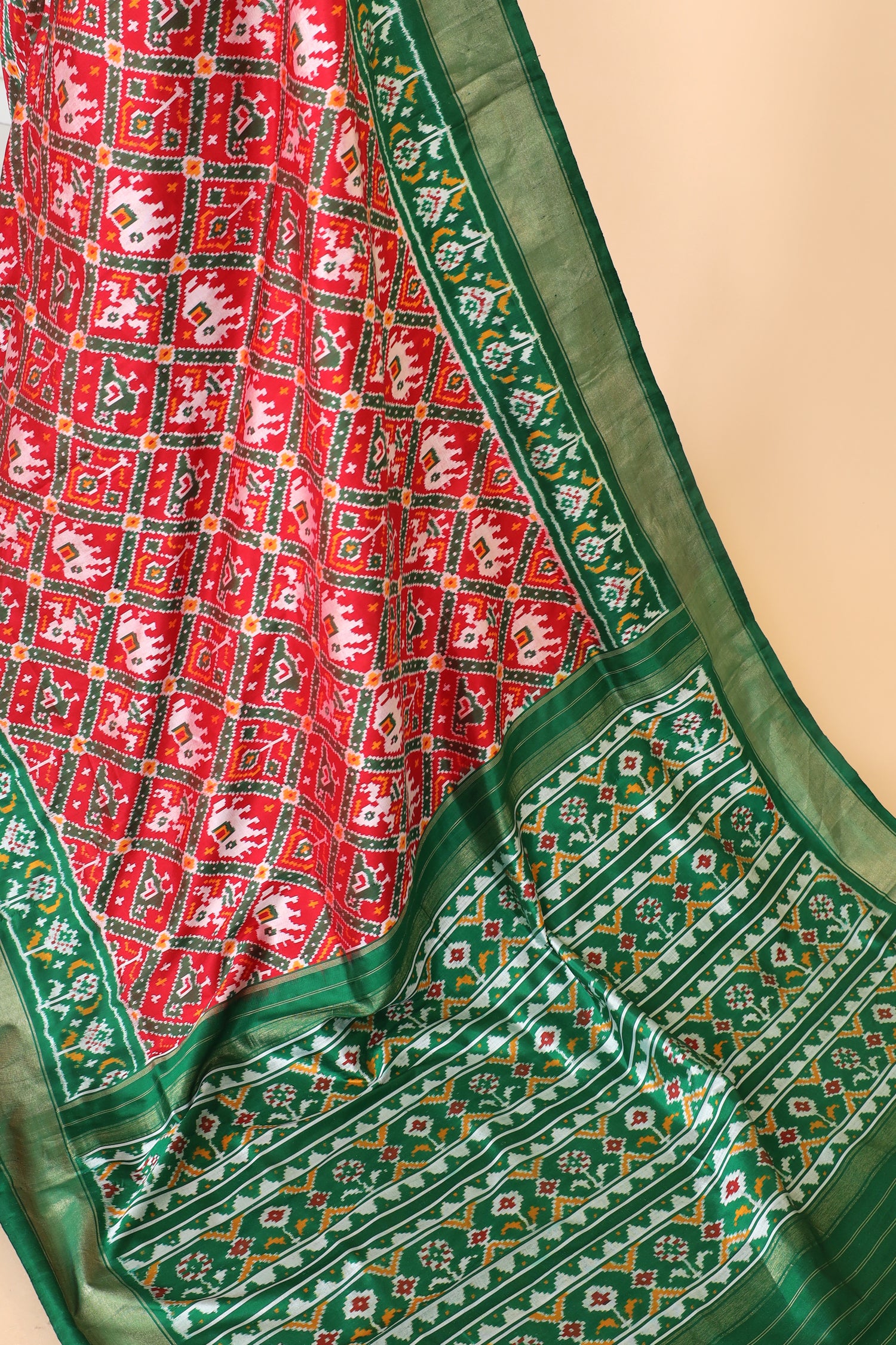 Red Katan Silk Ikkat Patola Saree With Green Border