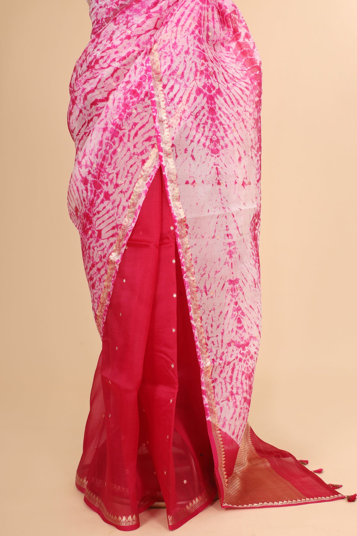 Pink Arashi Dye Organza Silk Saree
