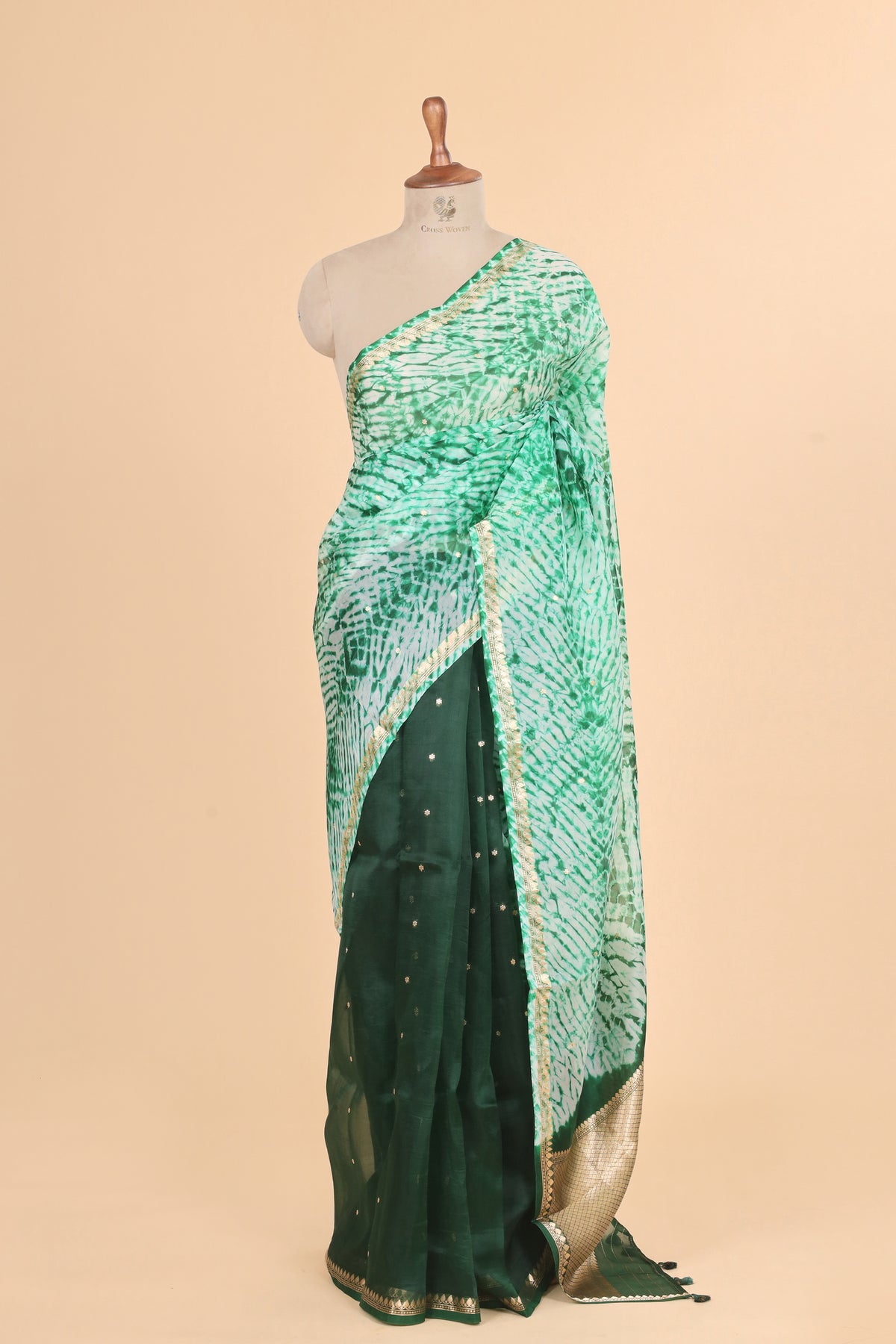 Deep Green Arashi Dye Organza Silk Saree