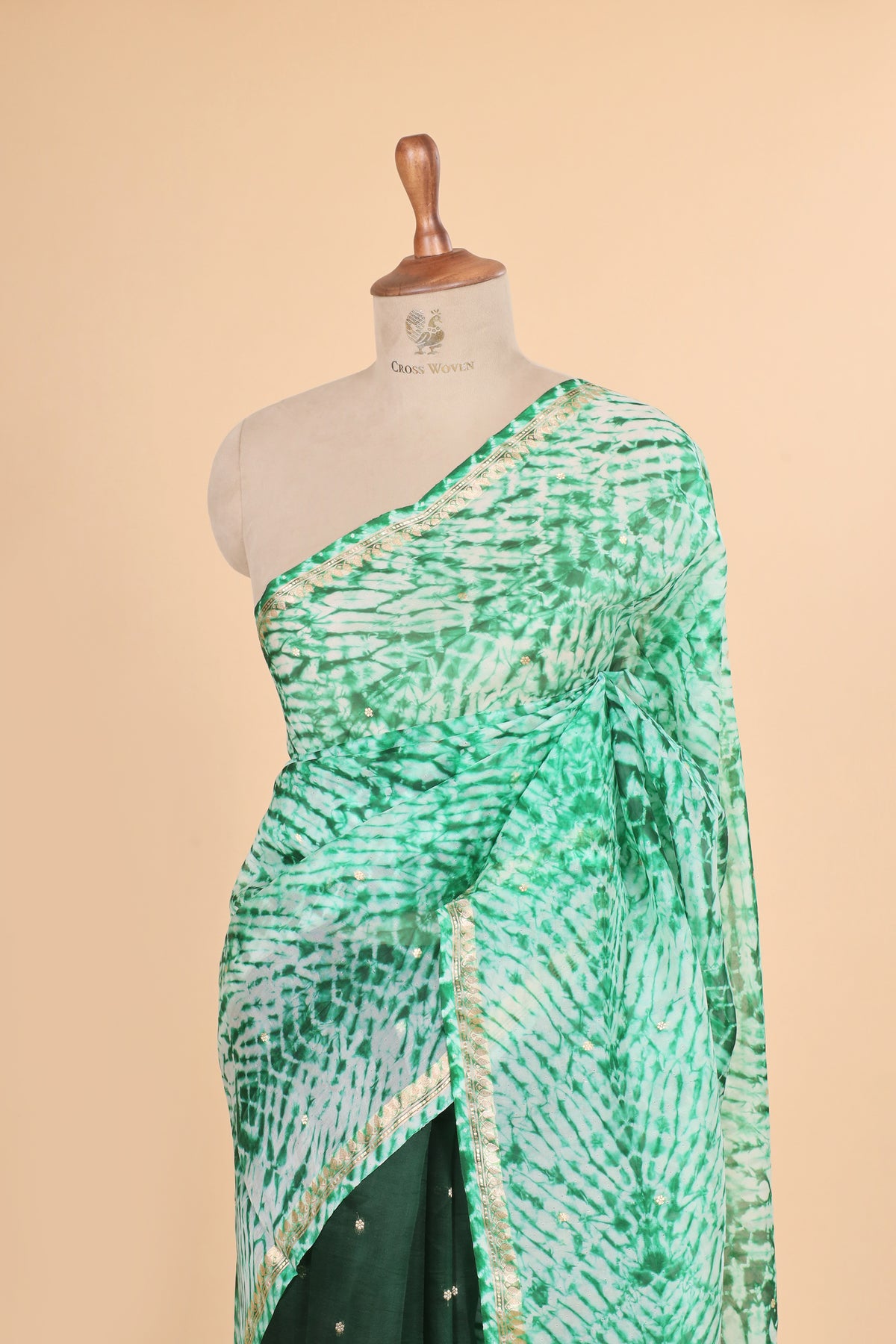 Deep Green Arashi Dye Organza Silk Saree