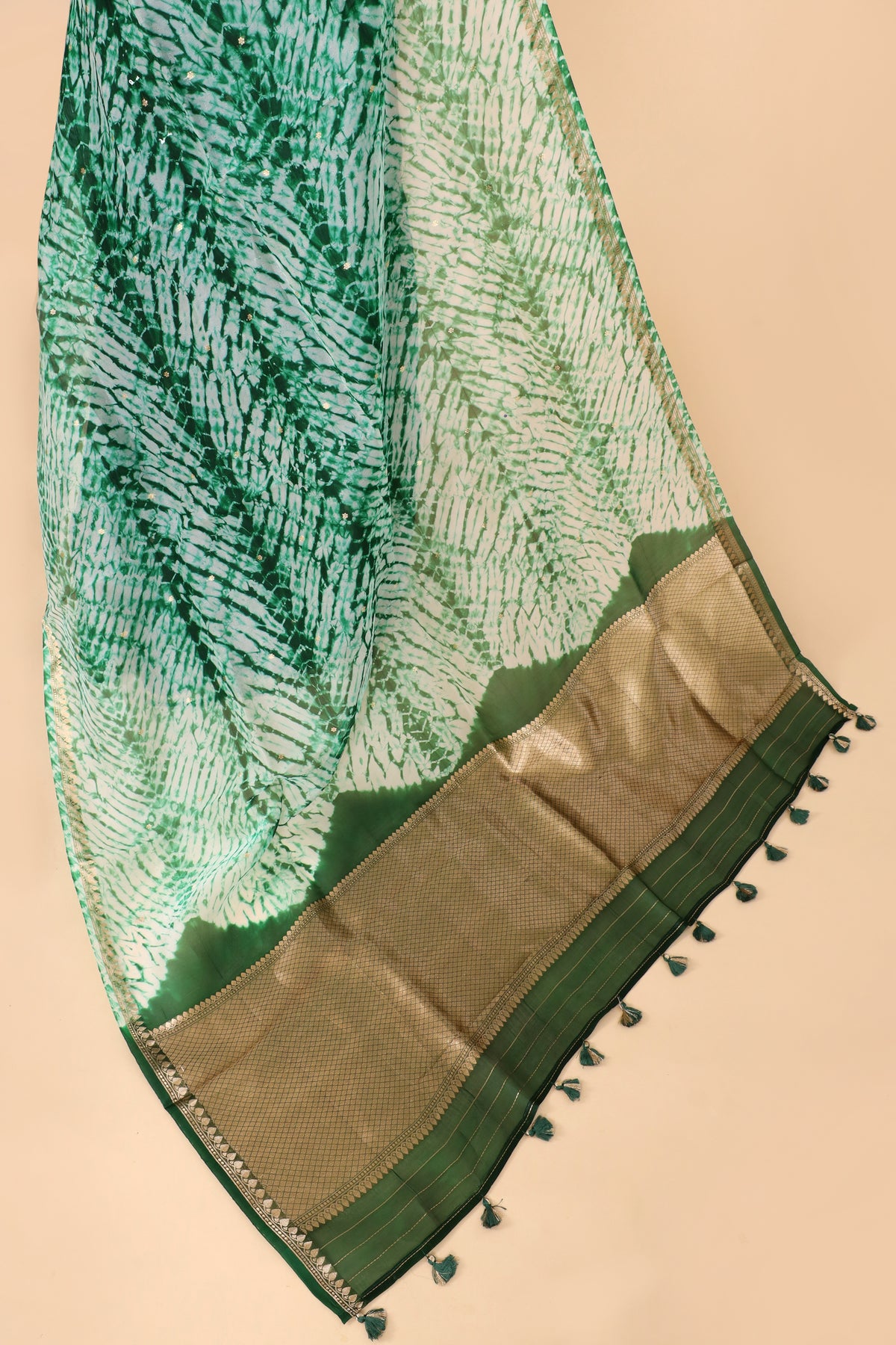 Deep Green Arashi Dye Organza Silk Saree