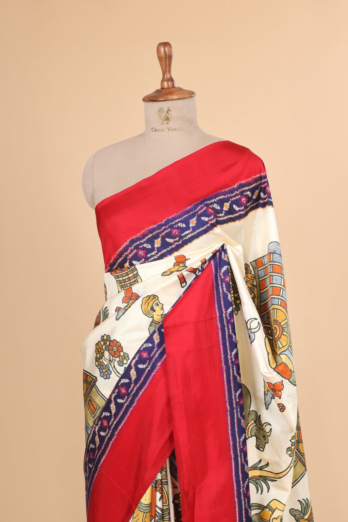 Ivory White Pure Katan Silk Fusion Saree With Kalamkari-Inspired Print & Ikkat Border