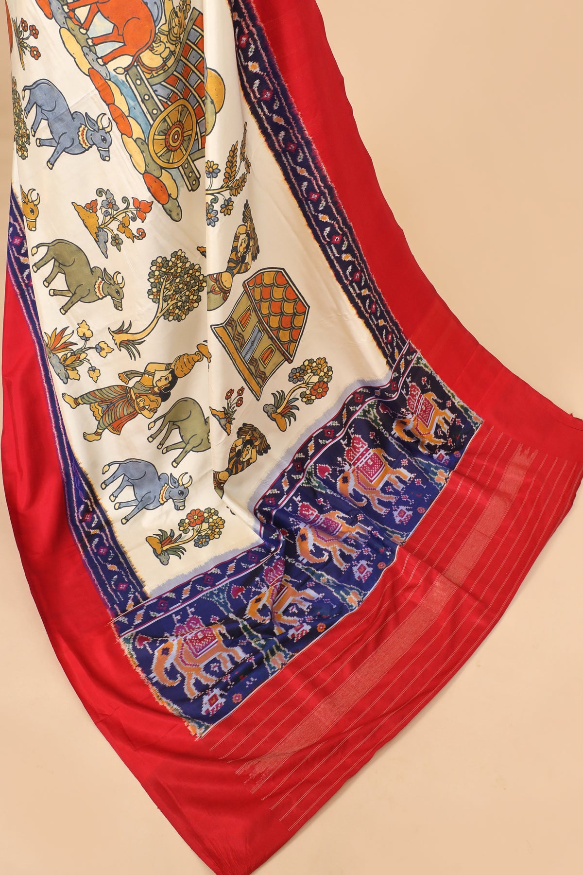 Ivory White Pure Katan Silk Fusion Saree With Kalamkari-Inspired Print & Ikkat Border